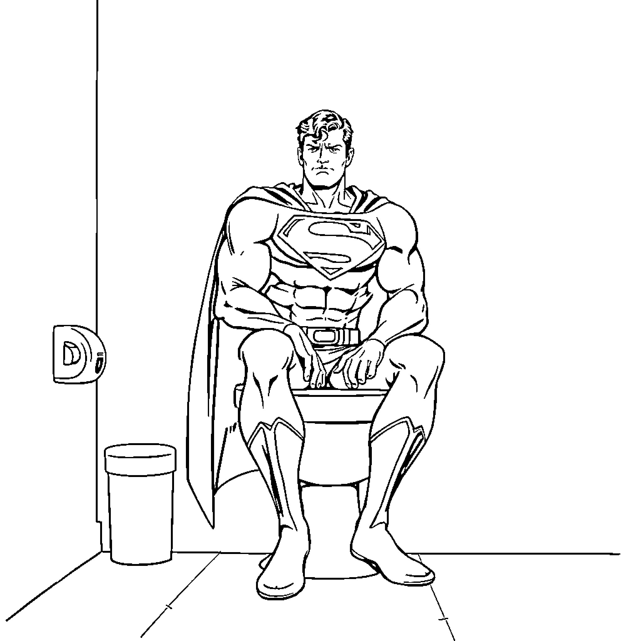 Superman resting after heroic deeds Coloring Page (free black-and-white line drawing printable PDF for all, from beginners to advanced learners, including children, teens, adults, and seniors)