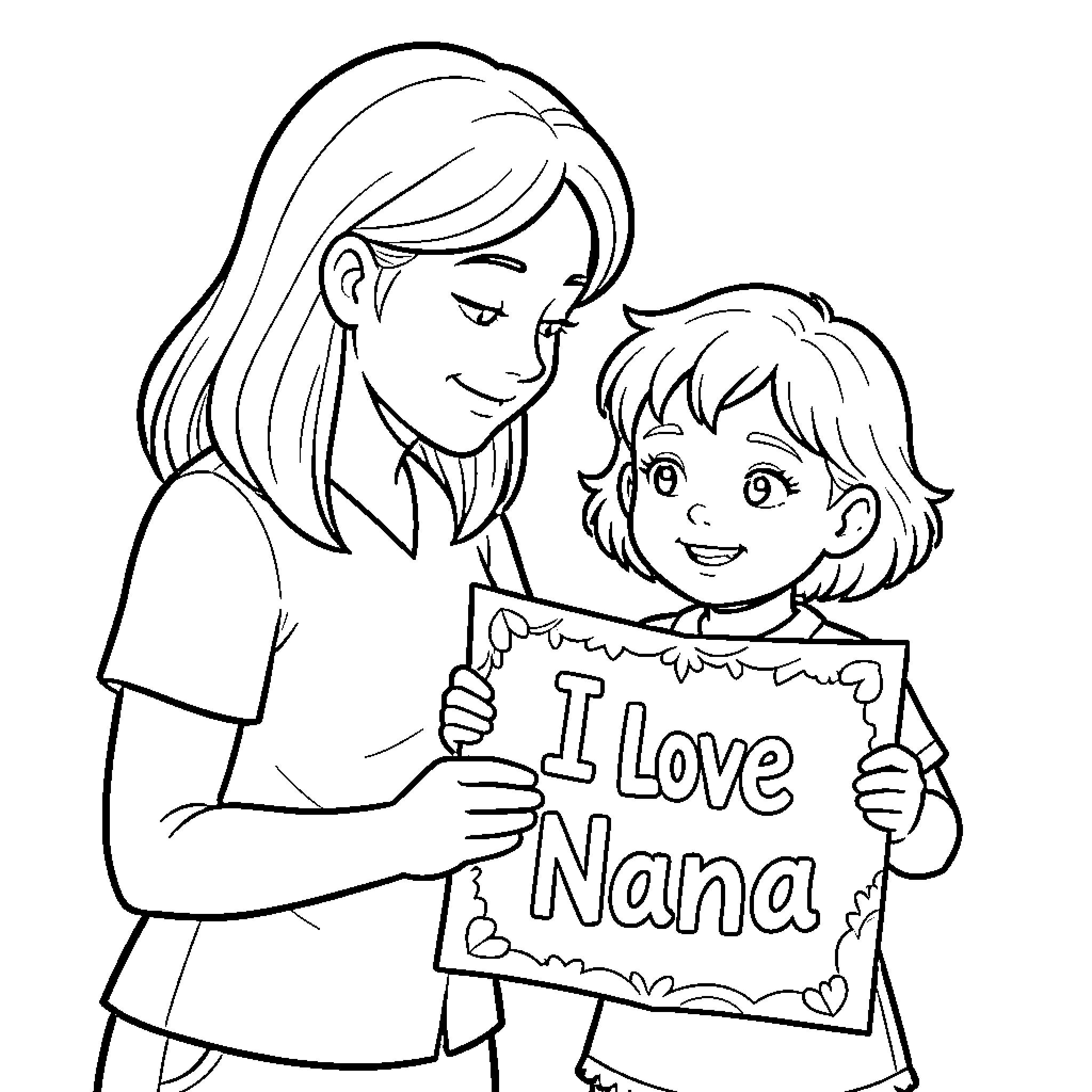 Nanny and child sharing a loving moment Coloring Page (free black-and-white line drawing printable PDF for all, from beginners to advanced learners, including children, teens, adults, and seniors)