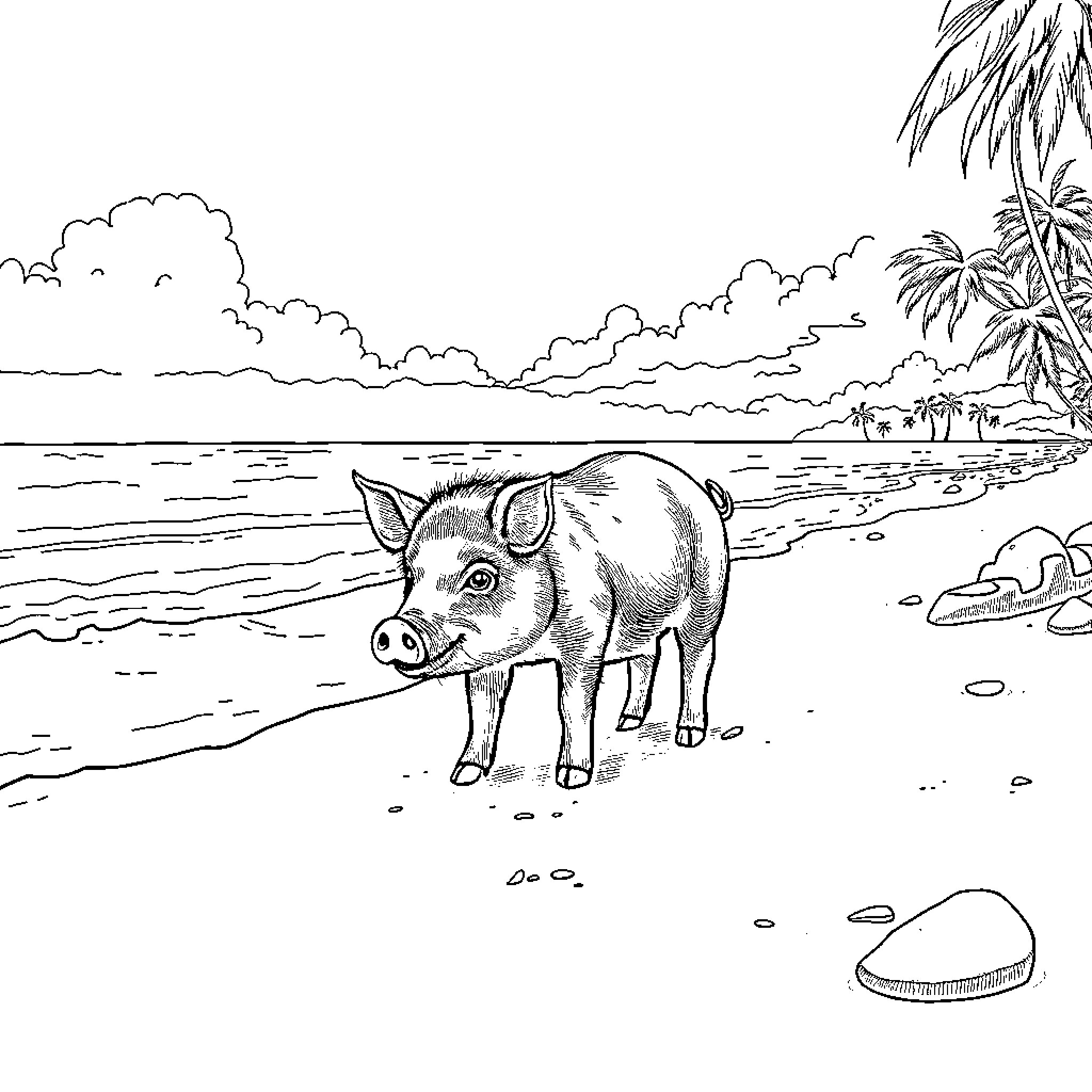 Pig enjoying a peaceful beach day Coloring Page (free black-and-white line drawing printable PDF for all, from beginners to advanced learners, including children, teens, adults, and seniors)