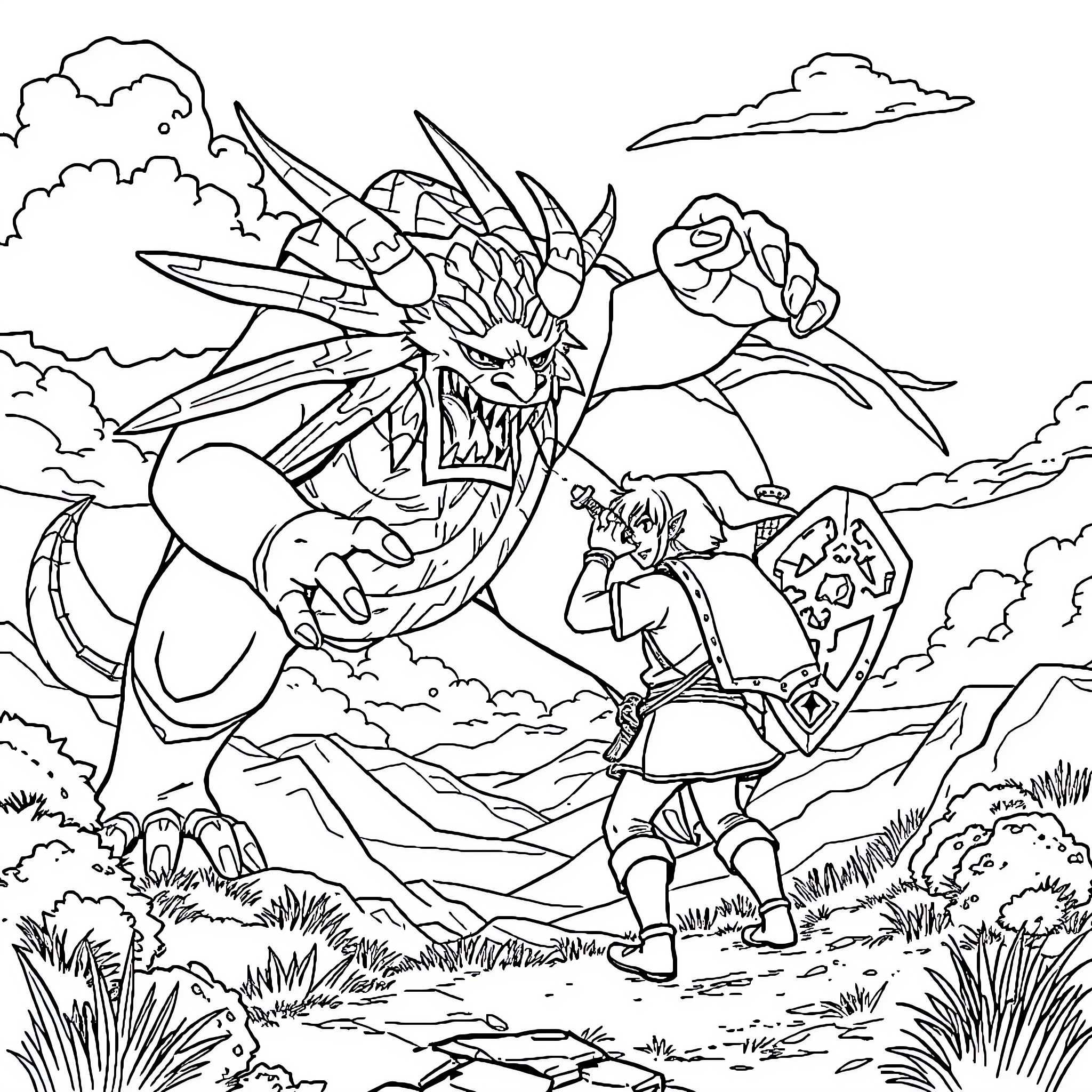 Link confronts a fierce dragon in the wild Coloring Page (free black-and-white line drawing printable PDF for all, from beginners to advanced learners, including children, teens, adults, and seniors)
