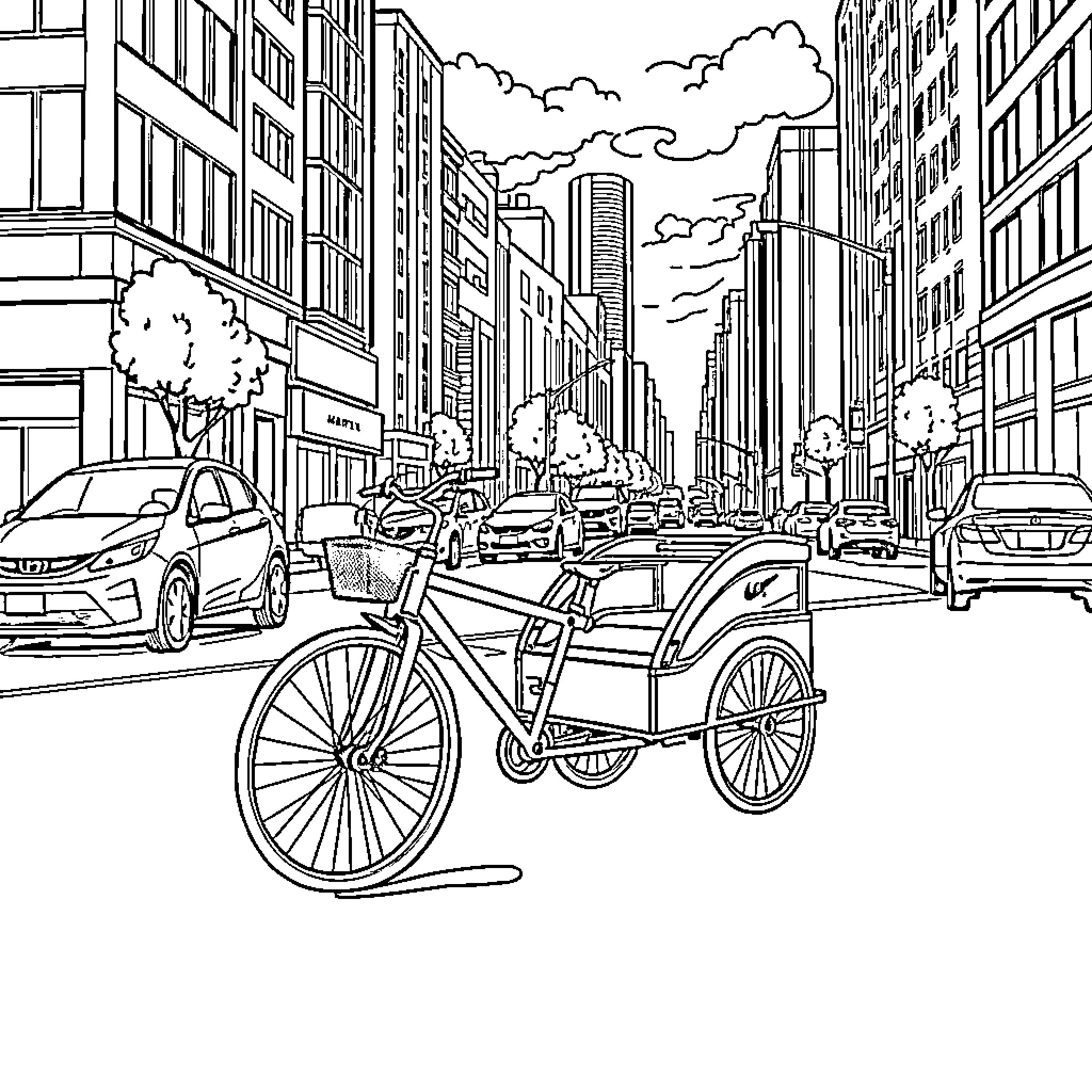 Bike ride through bustling city street Coloring Page (free black-and-white line drawing printable PDF for all, from beginners to advanced learners, including children, teens, adults, and seniors)
