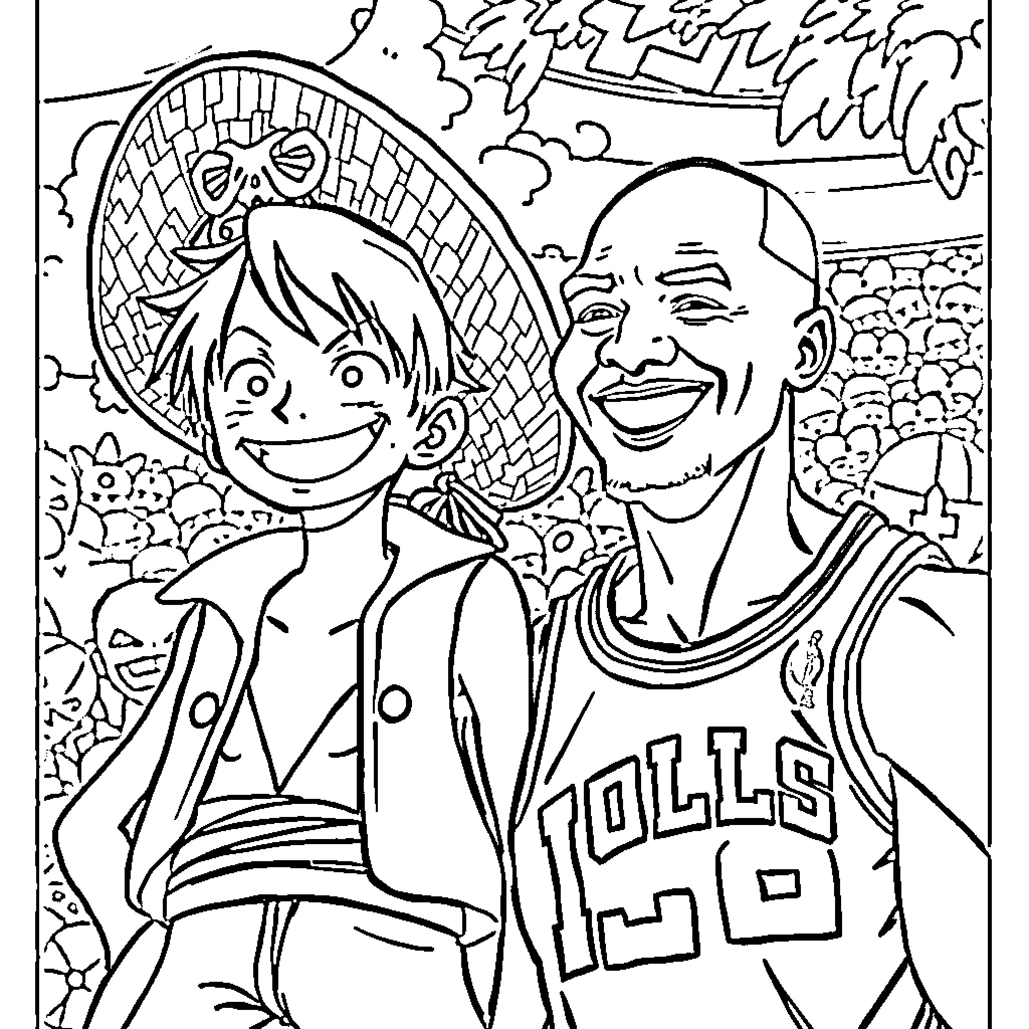 Luffy and friend posing happily on the court Coloring Page (free black-and-white line drawing printable PDF for all, from beginners to advanced learners, including children, teens, adults, and seniors)