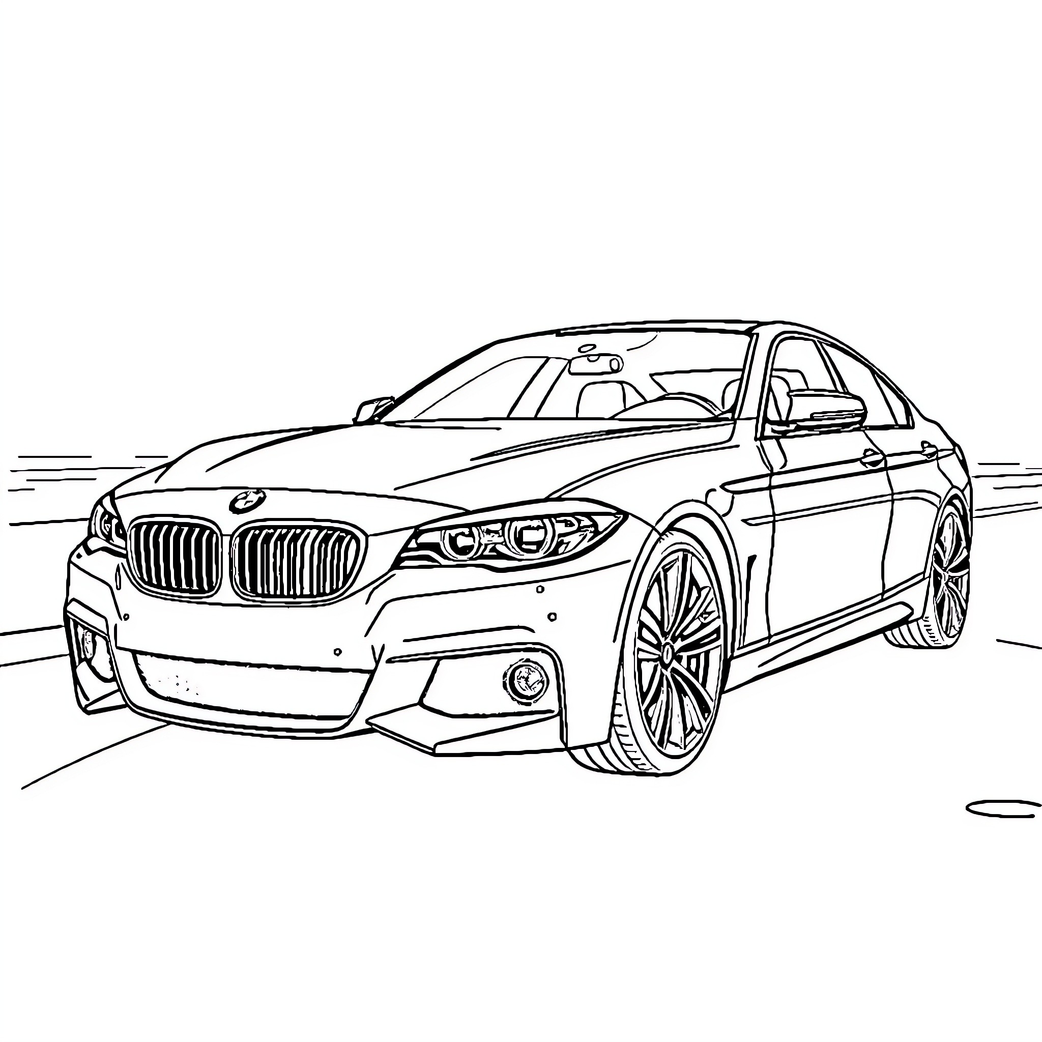 BMW sports car speeding on the road Coloring Page (free black-and-white line drawing printable PDF for all, from beginners to advanced learners, including children, teens, adults, and seniors)