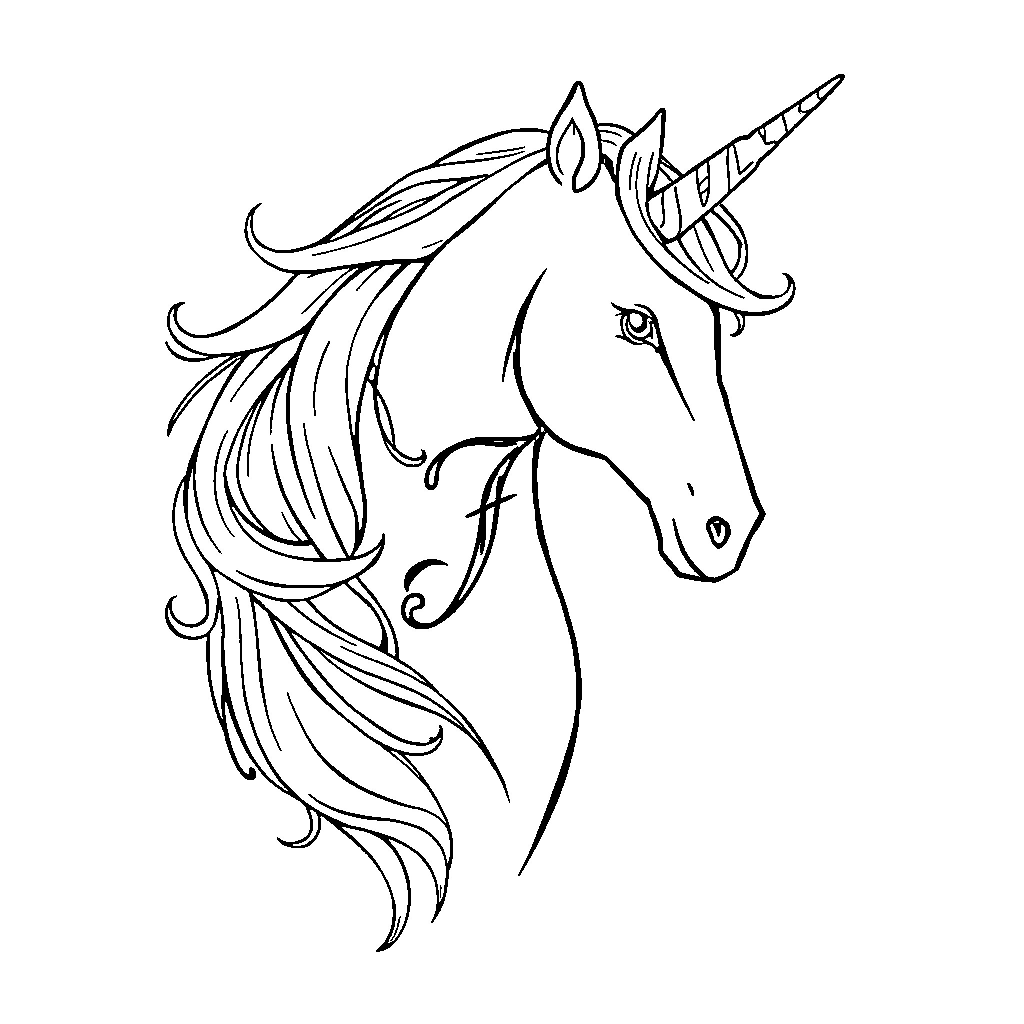 Unicorn with elegant flowing mane and horn Coloring Page (free black-and-white line drawing printable PDF for all, from beginners to advanced learners, including children, teens, adults, and seniors)