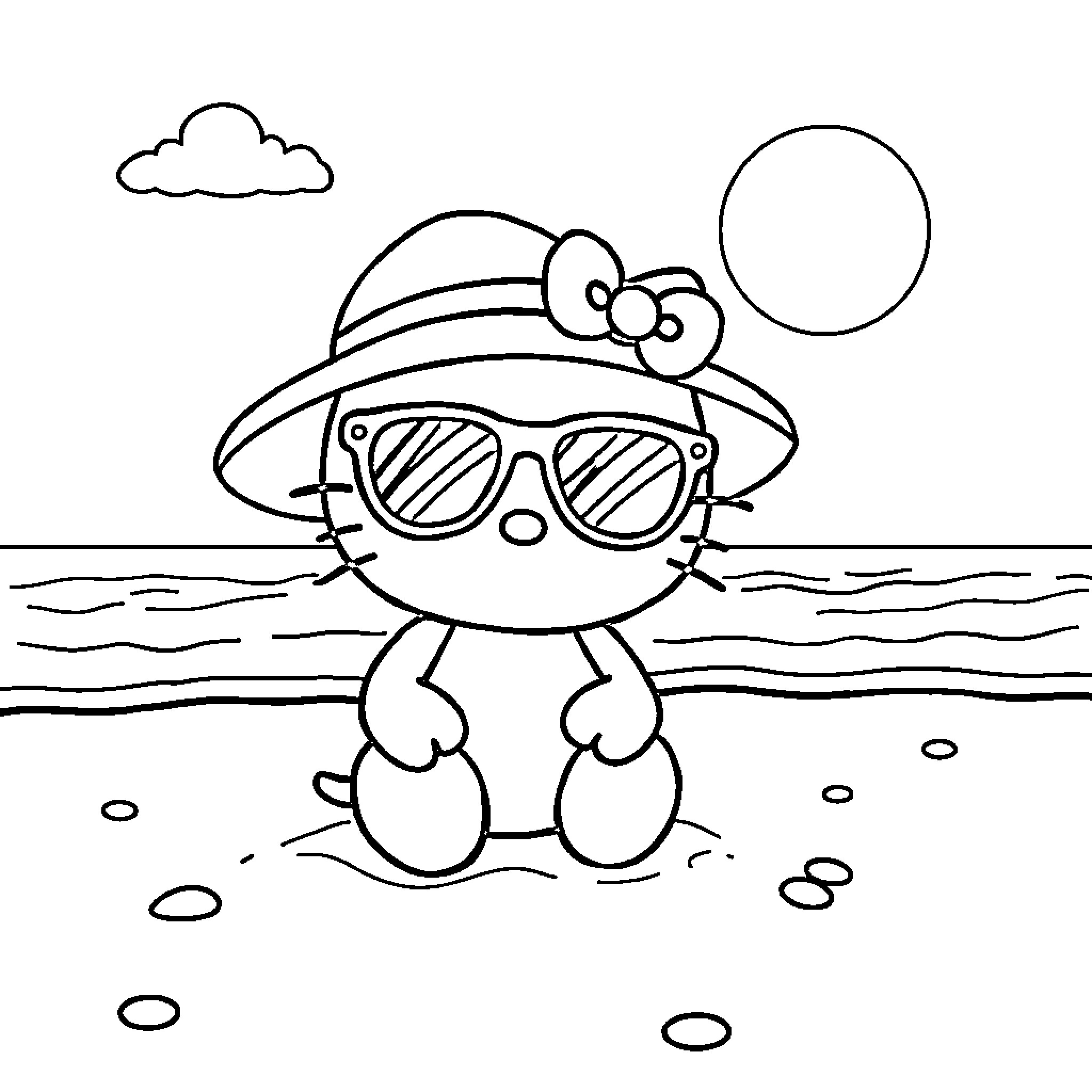 Hello Kitty at the Beach in Sunglasses Coloring Page (free black-and-white line drawing printable PDF for all, from beginners to advanced learners, including children, teens, adults, and seniors)