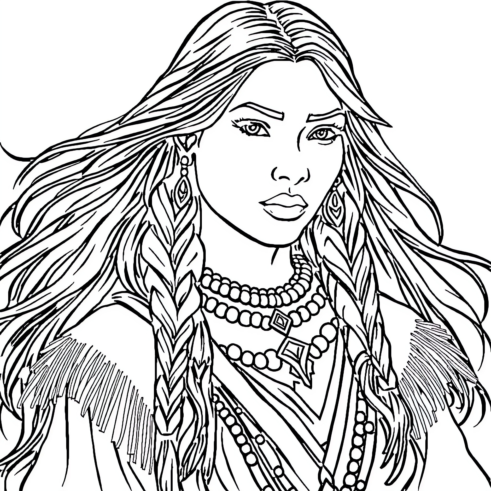 Pocahontas in traditional Native American attire Coloring Page (free black-and-white line drawing printable PDF for all, from beginners to advanced learners, including children, teens, adults, and seniors)