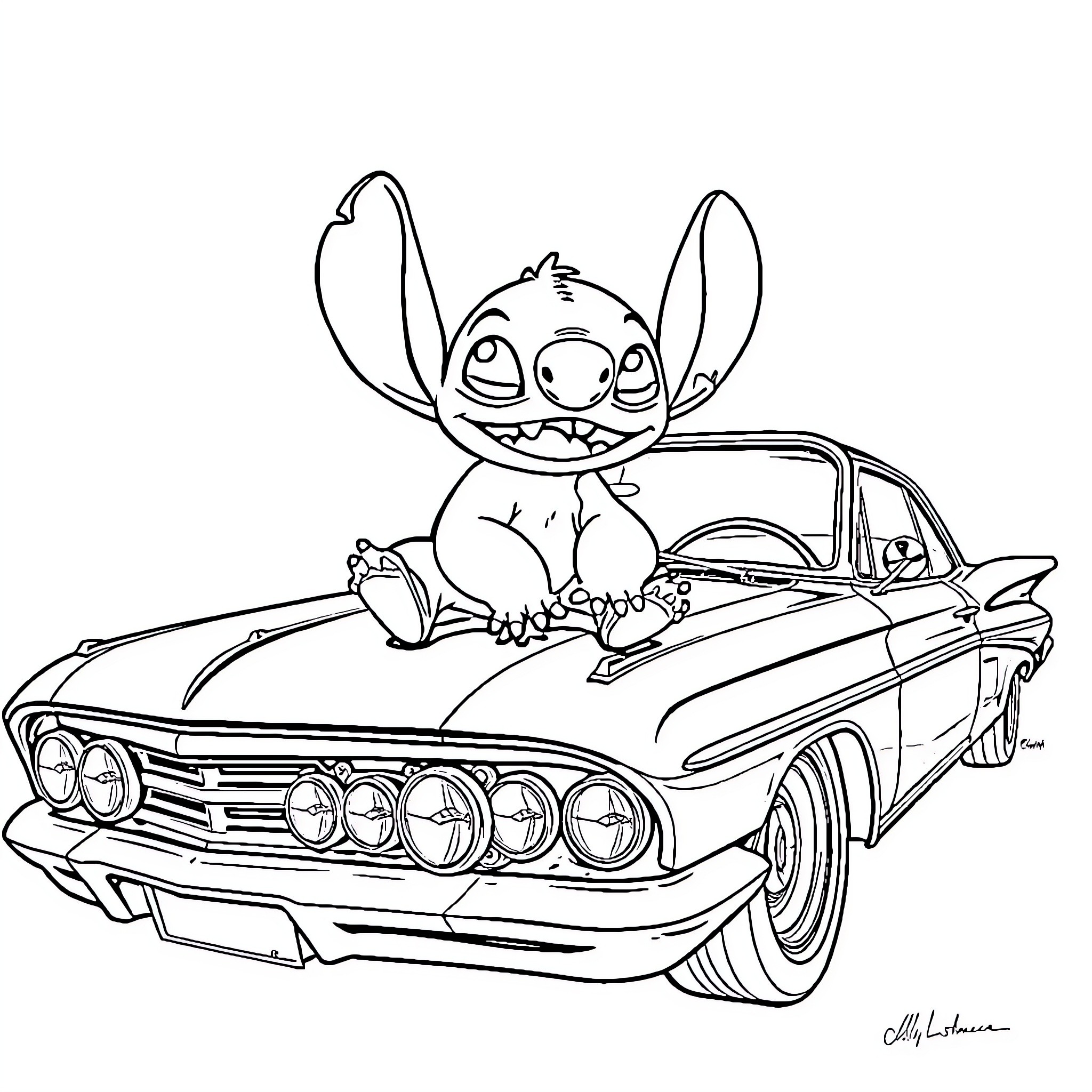 Stitch riding a classic car with glee Coloring Page (free black-and-white line drawing printable PDF for all, from beginners to advanced learners, including children, teens, adults, and seniors)