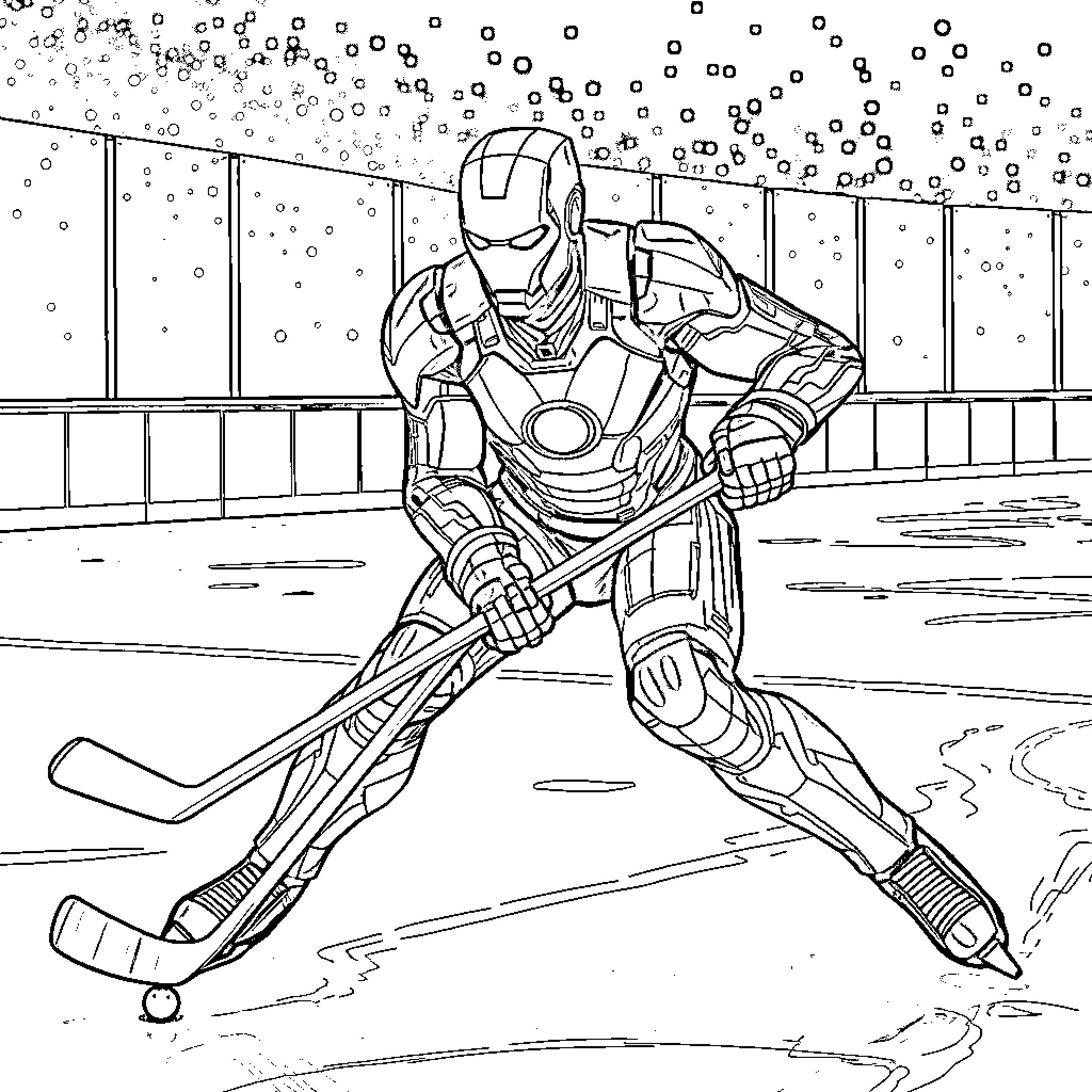 Ironman skating on icy rink Coloring Page (free black-and-white line drawing printable PDF for all, from beginners to advanced learners, including children, teens, adults, and seniors)