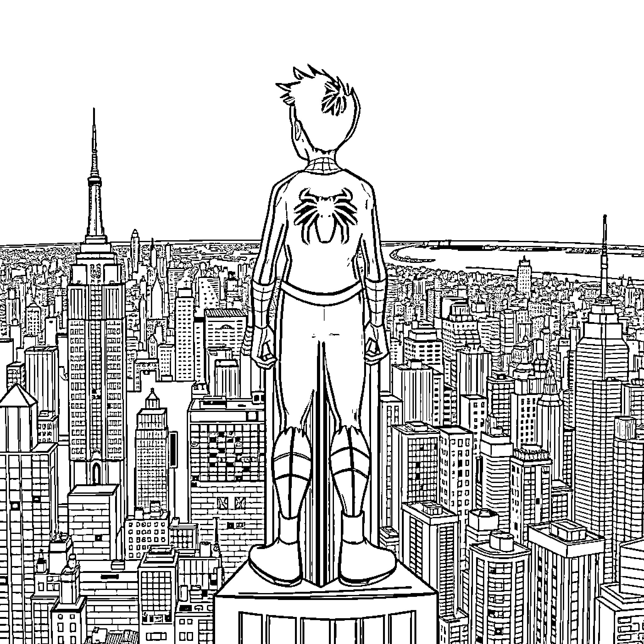 Ben 10 surveying the city skyline in heroic pose Coloring Page (free black-and-white line drawing printable PDF for all, from beginners to advanced learners, including children, teens, adults, and seniors)