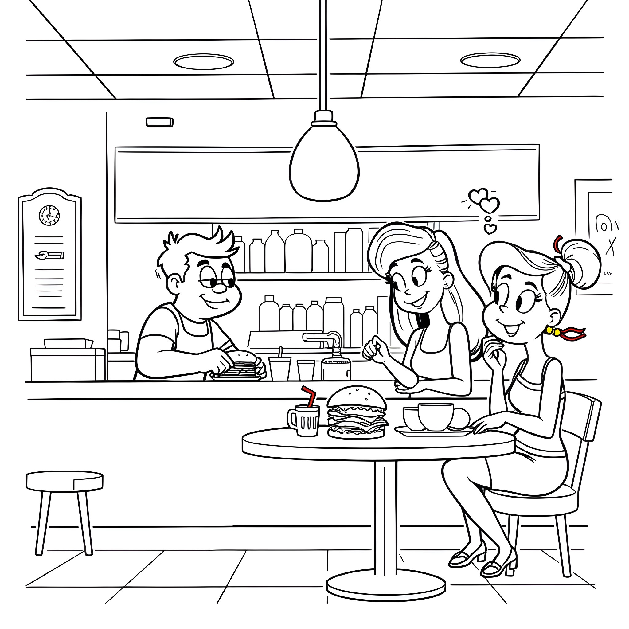 Bob's Burgers: Friends Enjoying a Meal at the Diner Coloring Page (free black-and-white line drawing printable PDF for all, from beginners to advanced learners, including children, teens, adults, and seniors)