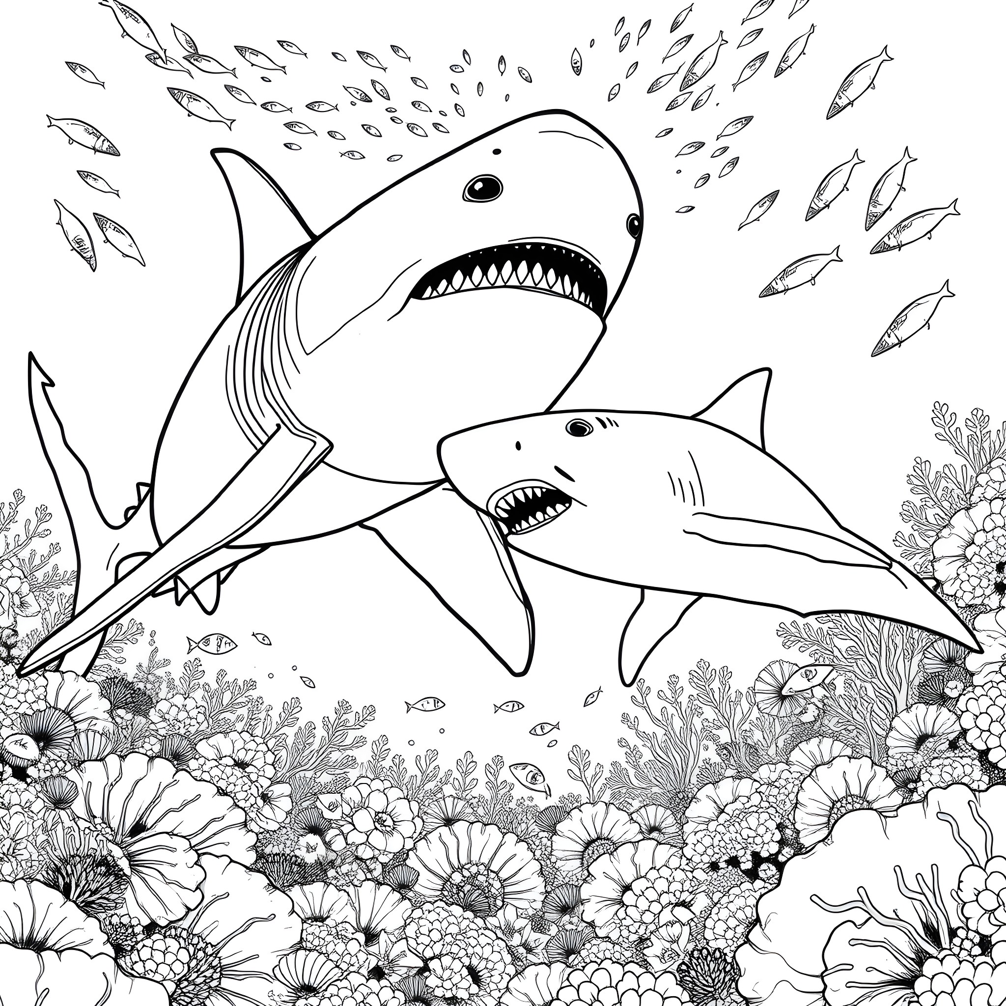 Megalodon sharks hunting in the ocean depths Coloring Page (free black-and-white line drawing printable PDF for all, from beginners to advanced learners, including children, teens, adults, and seniors)