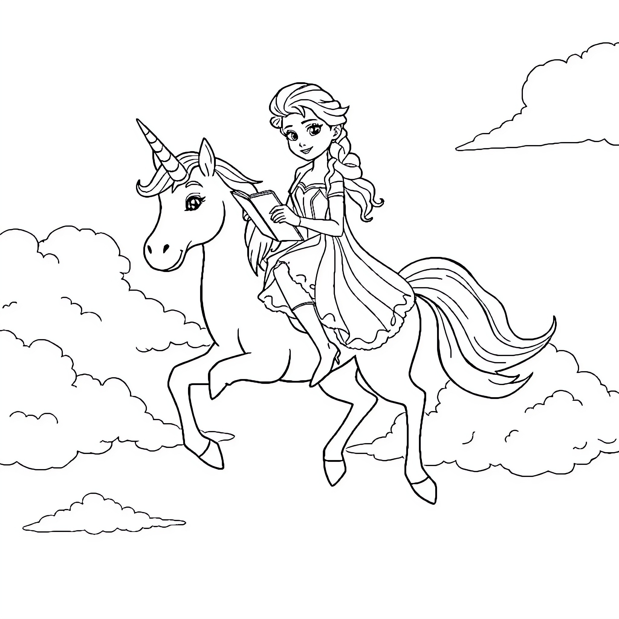 Elsa riding a unicorn in the clouds Coloring Page (free black-and-white line drawing printable PDF for all, from beginners to advanced learners, including children, teens, adults, and seniors)