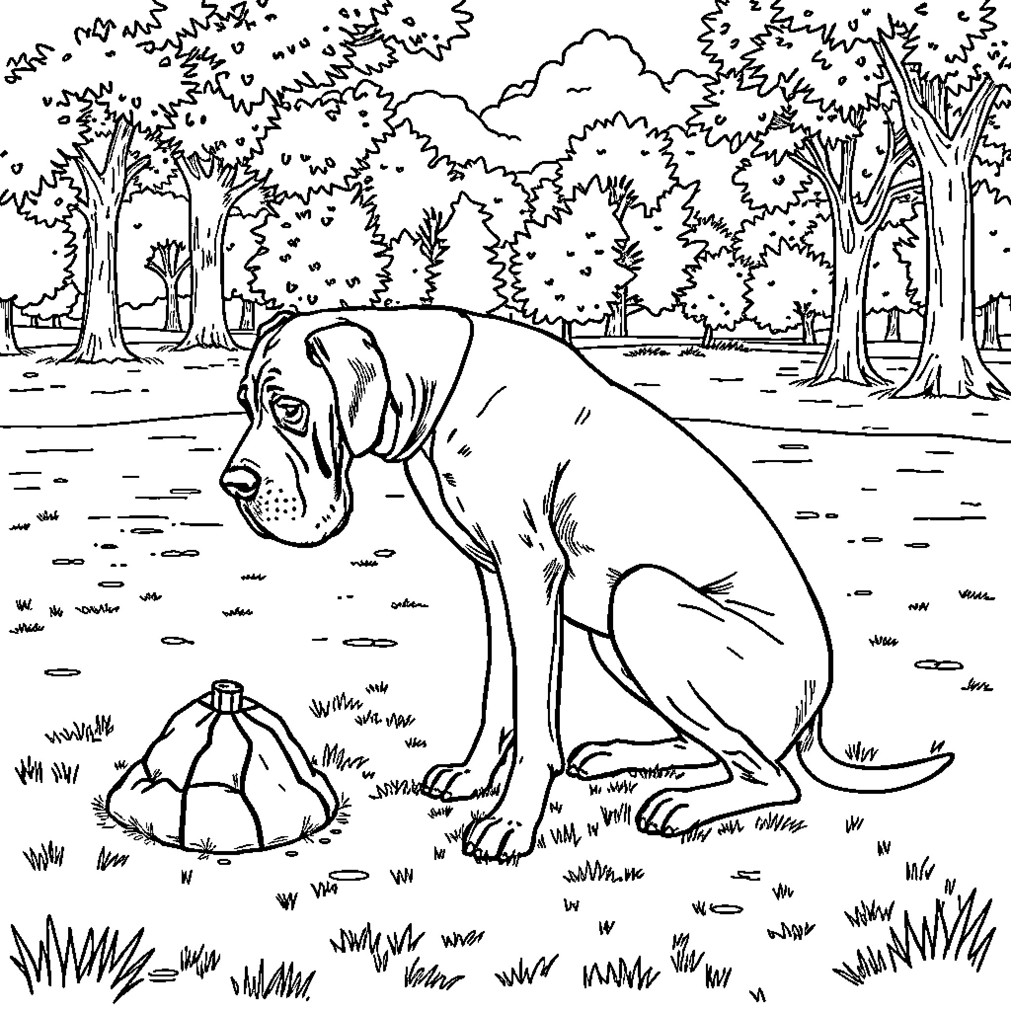 Great Dane exploring nature in the woods Coloring Page (free black-and-white line drawing printable PDF for all, from beginners to advanced learners, including children, teens, adults, and seniors)