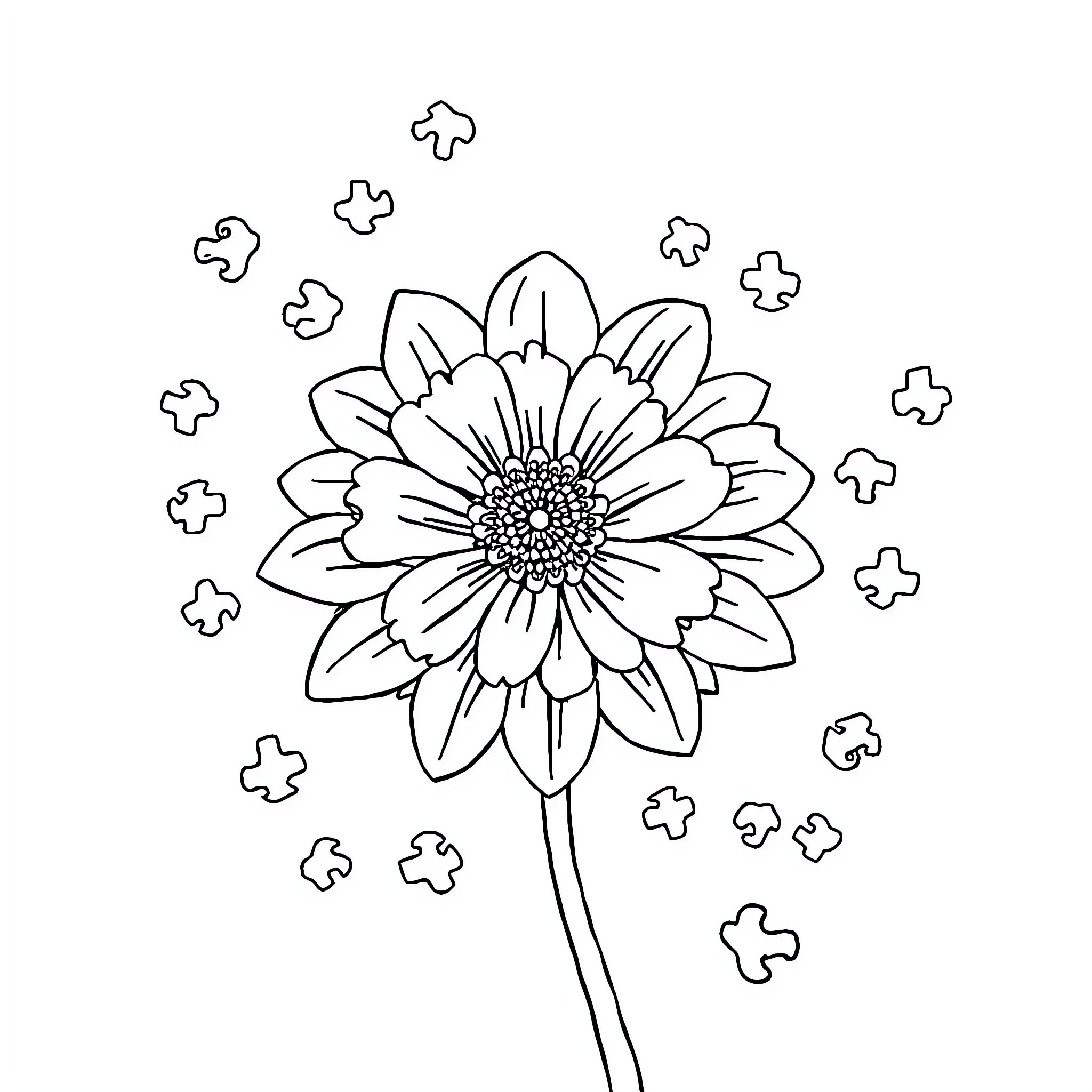 Popcorn-like flower with scattered petals Coloring Page (free black-and-white line drawing printable PDF for all, from beginners to advanced learners, including children, teens, adults, and seniors)