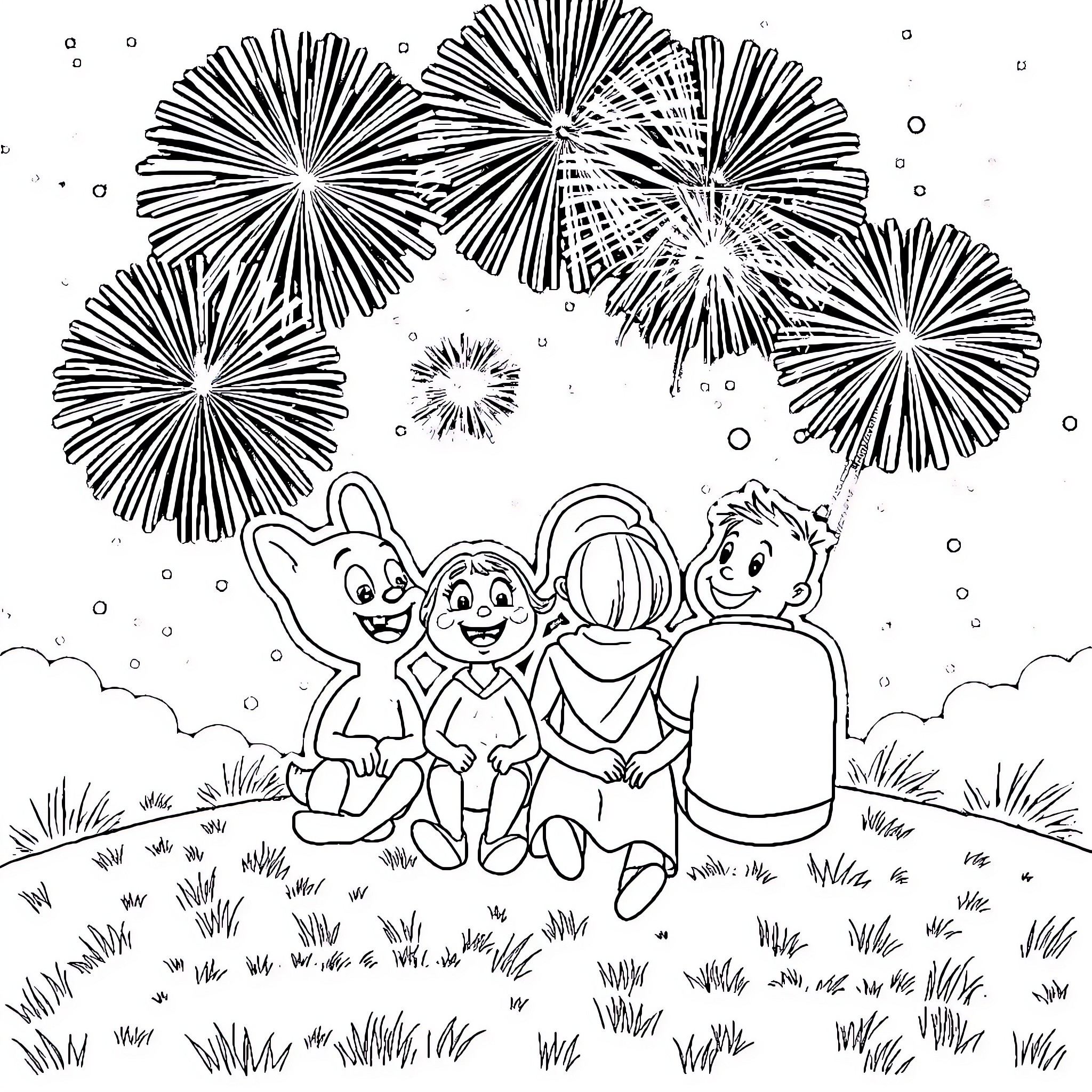 Bluey and friends enjoy fireworks in the night sky Coloring Page (free black-and-white line drawing printable PDF for all, from beginners to advanced learners, including children, teens, adults, and seniors)