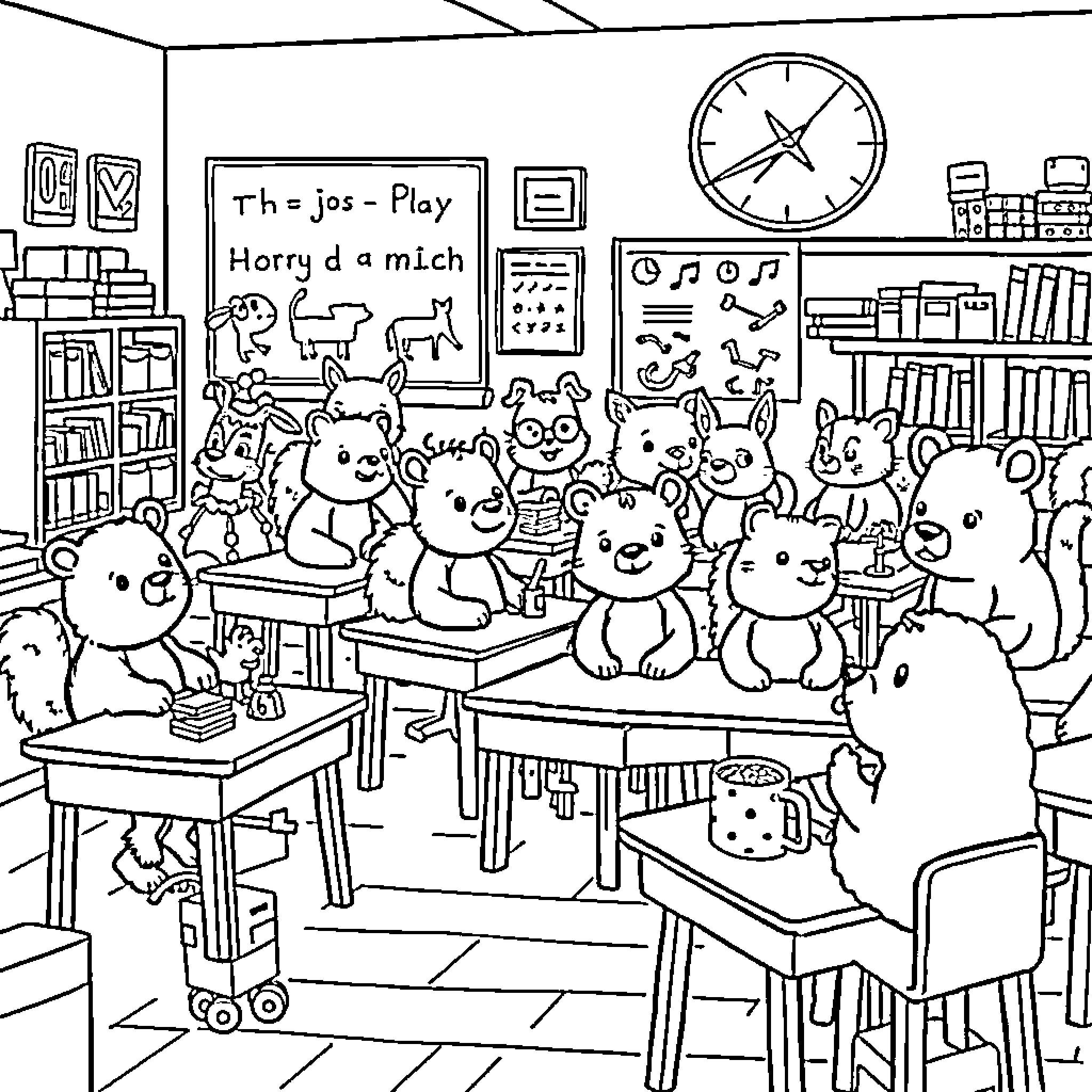 Animal Characters in Classroom Setting Coloring Page (free black-and-white line drawing printable PDF for all, from beginners to advanced learners, including children, teens, adults, and seniors)