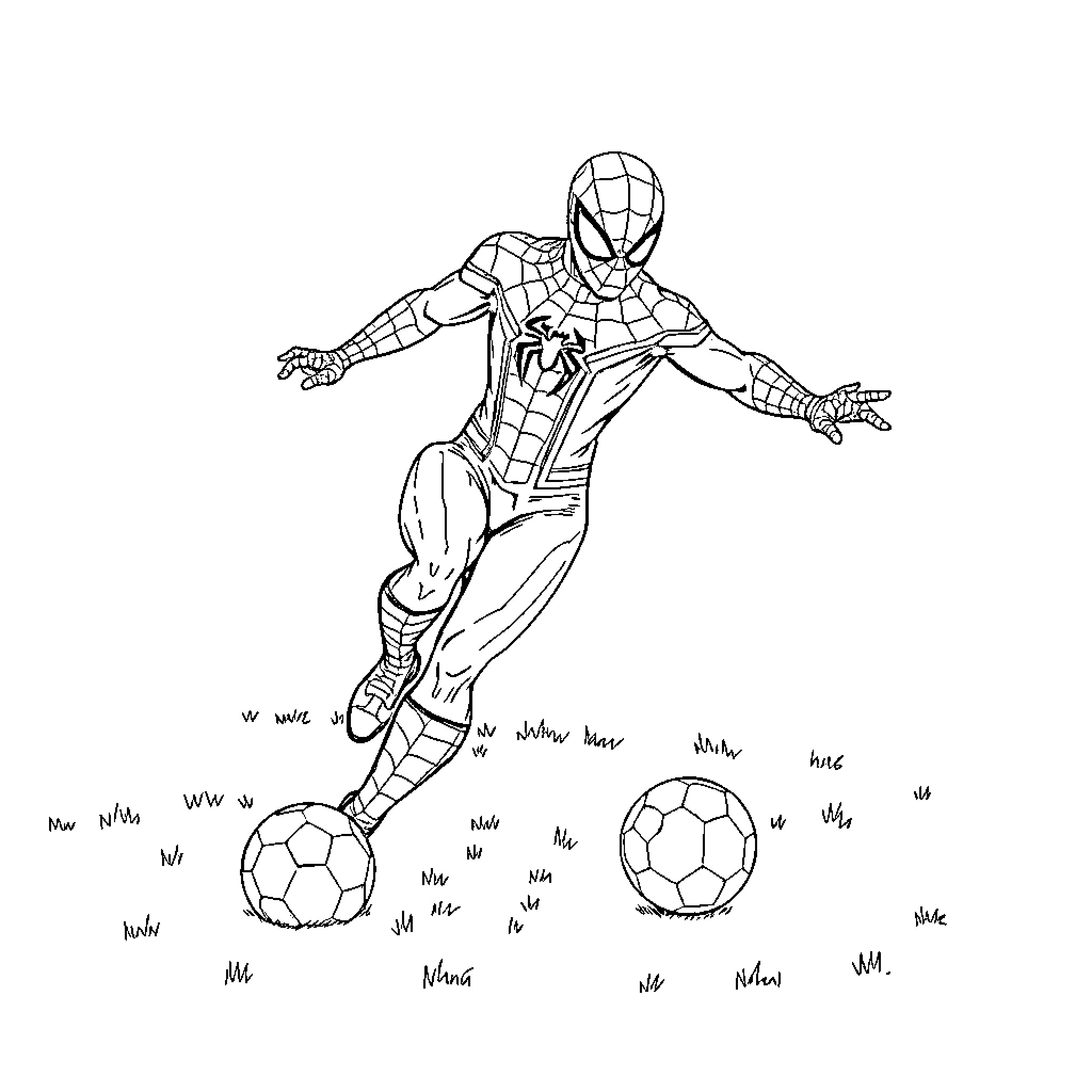 Spider-Man kicking soccer balls on the field Coloring Page (free black-and-white line drawing printable PDF for all, from beginners to advanced learners, including children, teens, adults, and seniors)