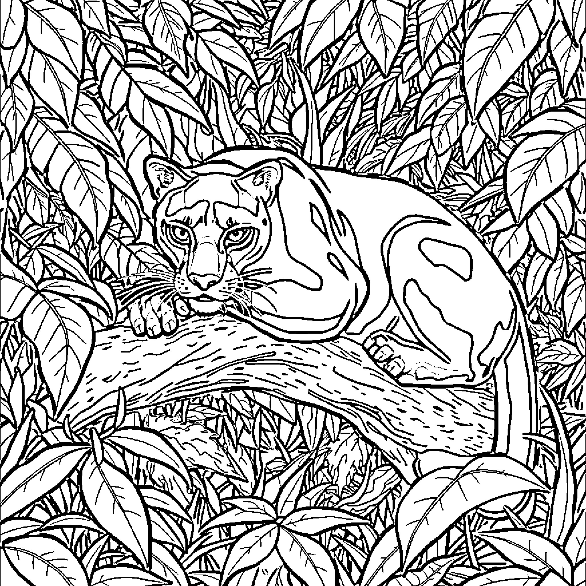 Panther stalking in the dense foliage Coloring Page (free black-and-white line drawing printable PDF for all, from beginners to advanced learners, including children, teens, adults, and seniors)