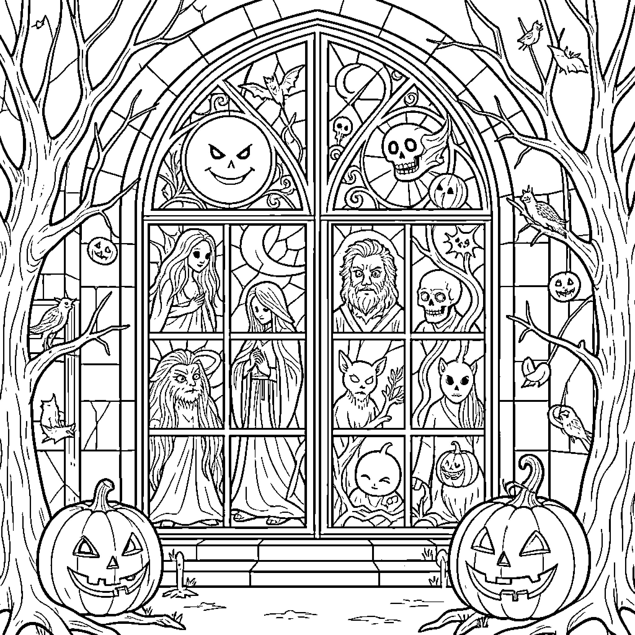 Halloween stained glass window with spooky characters and pumpkins Coloring Page (free black-and-white line drawing printable PDF for all, from beginners to advanced learners, including children, teens, adults, and seniors)