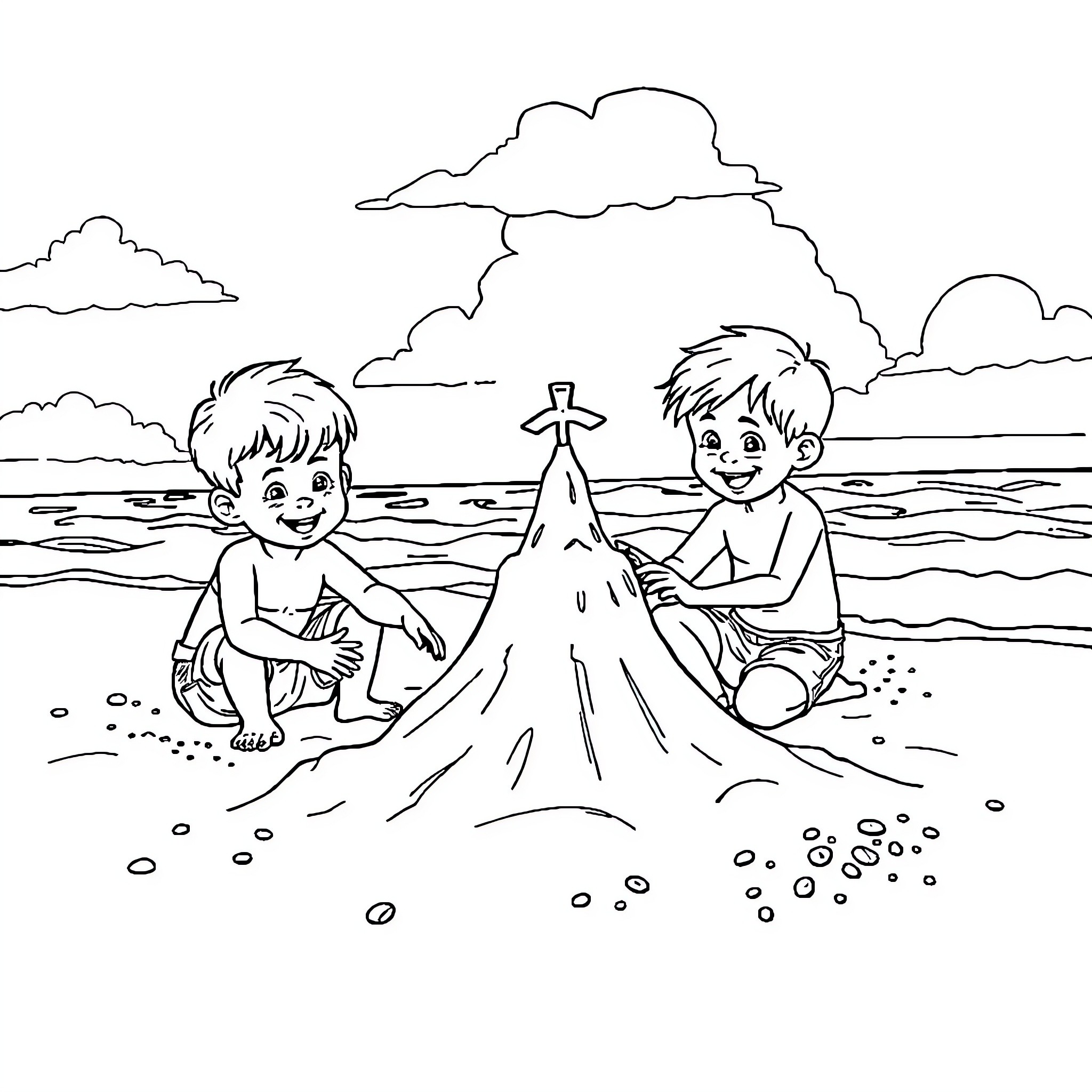 Son's Joyful Summer Day at the Beach Coloring Page (free black-and-white line drawing printable PDF for all, from beginners to advanced learners, including children, teens, adults, and seniors)
