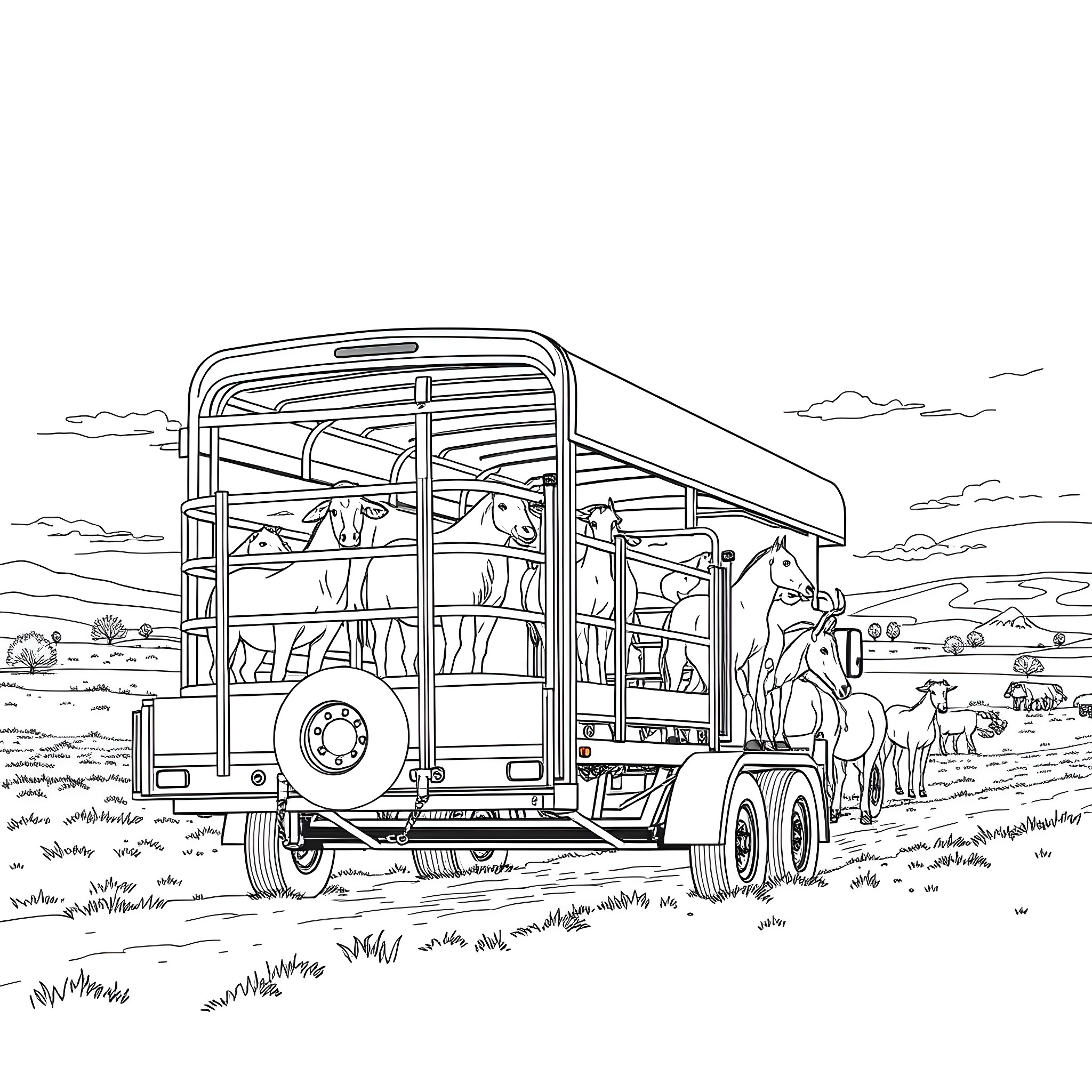 Livestock Trailer Transporting Farm Animals in Rural Landscape Coloring Page (free black-and-white line drawing printable PDF for all, from beginners to advanced learners, including children, teens, adults, and seniors)