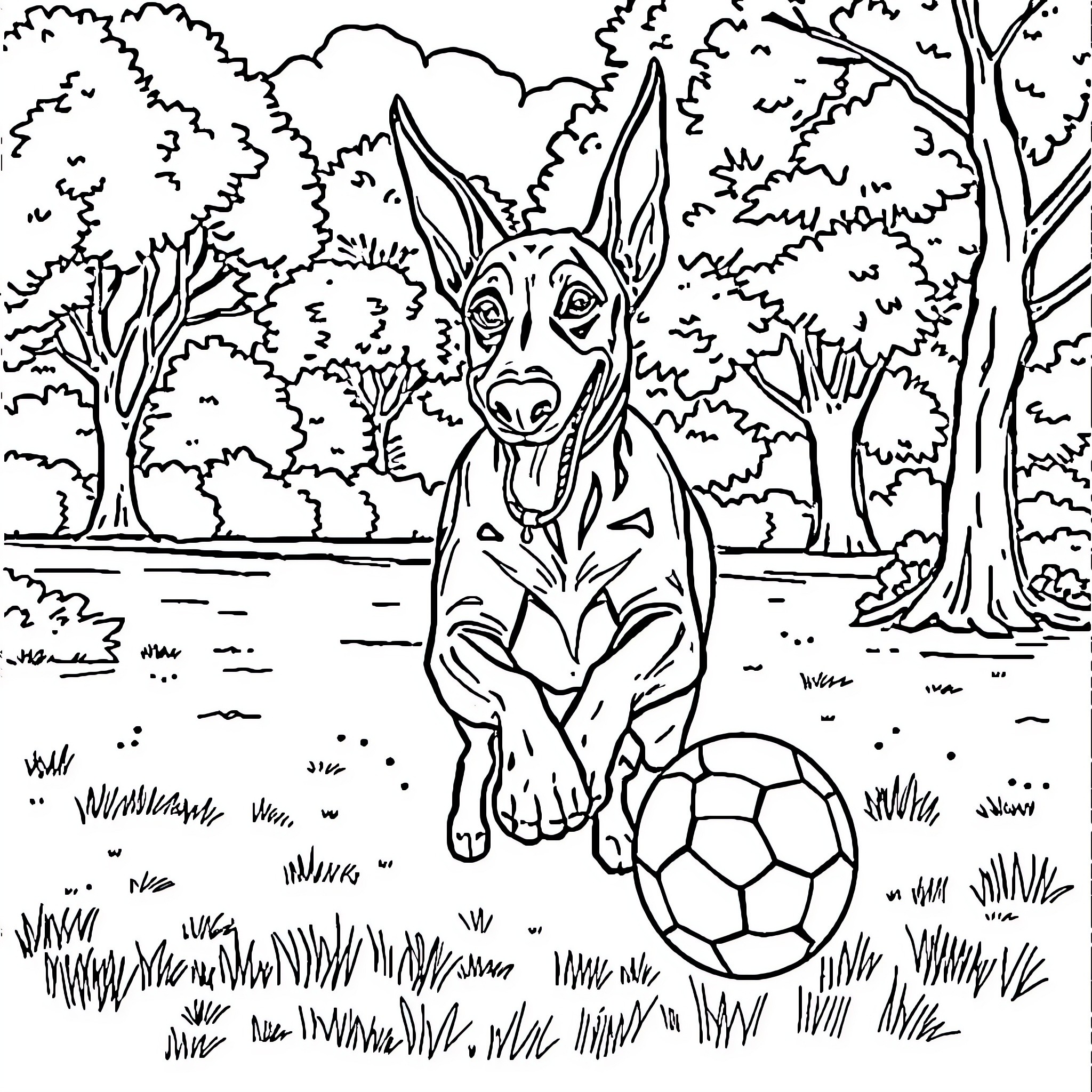 Doberman playing with soccer ball in forest Coloring Page (free black-and-white line drawing printable PDF for all, from beginners to advanced learners, including children, teens, adults, and seniors)
