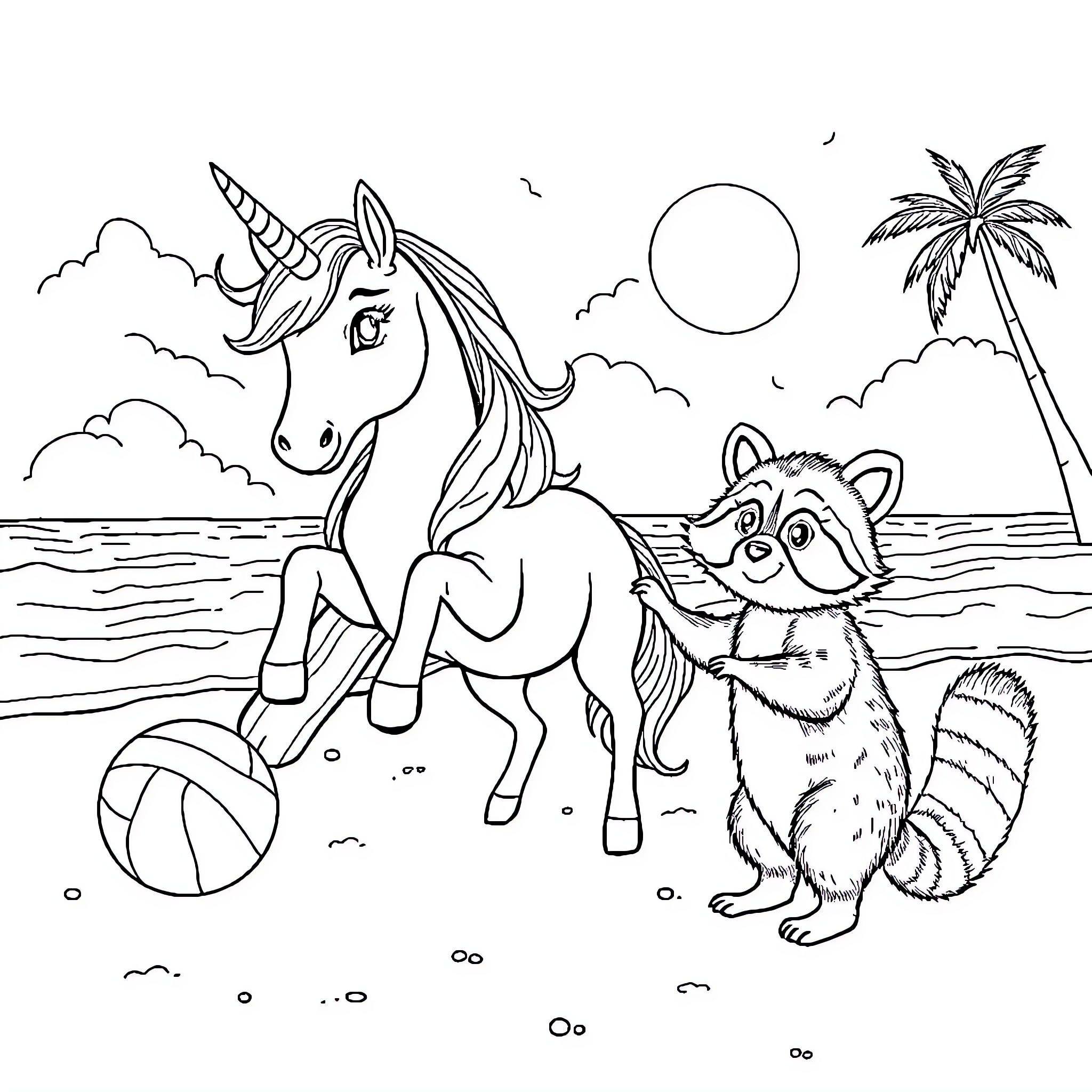 Unicorn and Raccoon Playing at the Beach Coloring Page (free black-and-white line drawing printable PDF for all, from beginners to advanced learners, including children, teens, adults, and seniors)