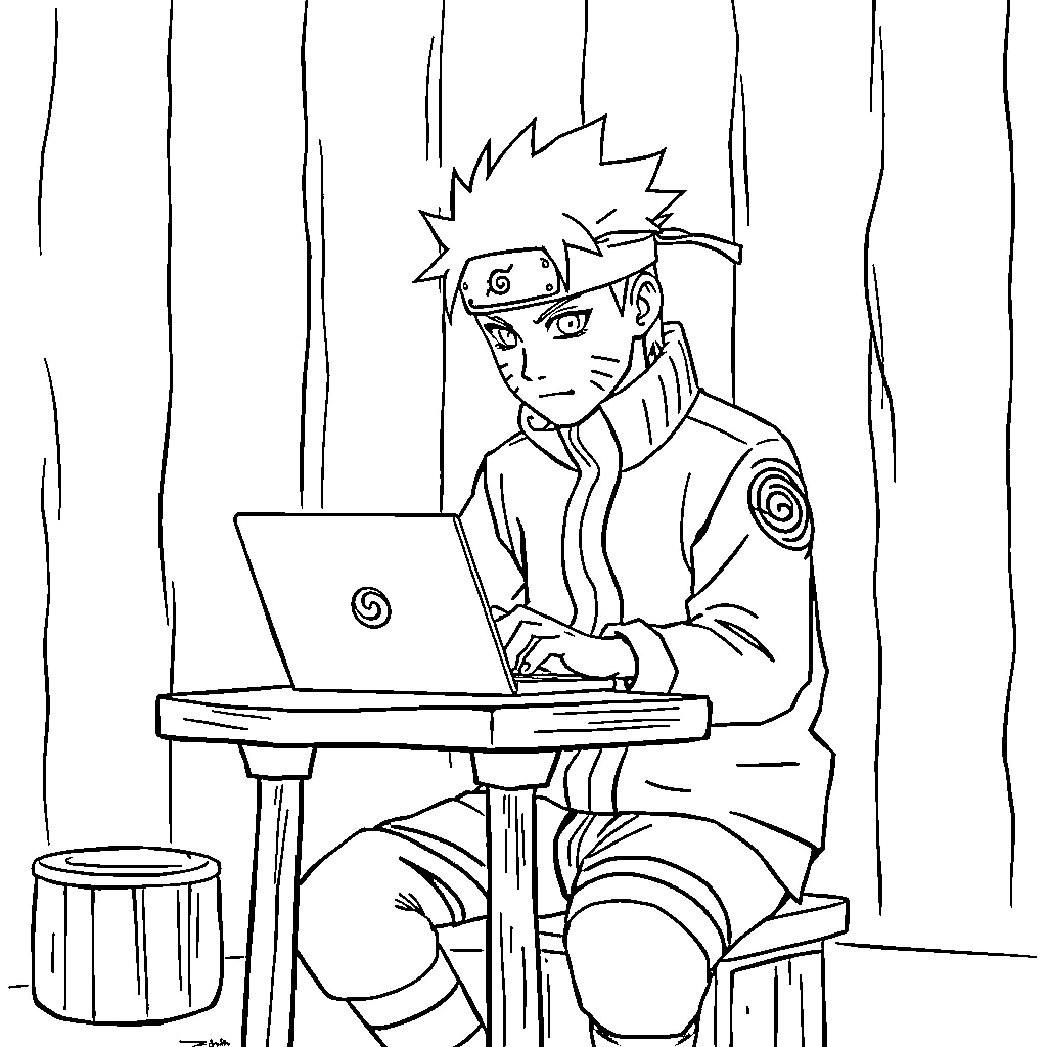 Naruto working diligently on a laptop in his room Coloring Page (free black-and-white line drawing printable PDF for all, from beginners to advanced learners, including children, teens, adults, and seniors)
