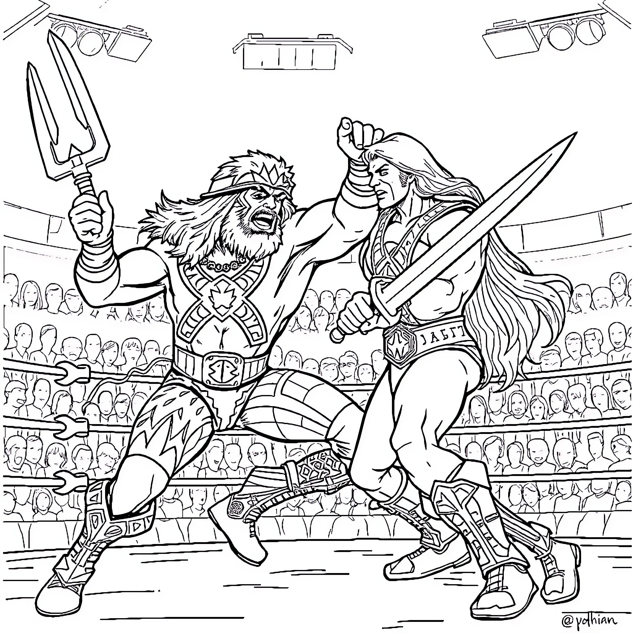 Macho Man Wrestling Match in the Arena Coloring Page (free black-and-white line drawing printable PDF for all, from beginners to advanced learners, including children, teens, adults, and seniors)