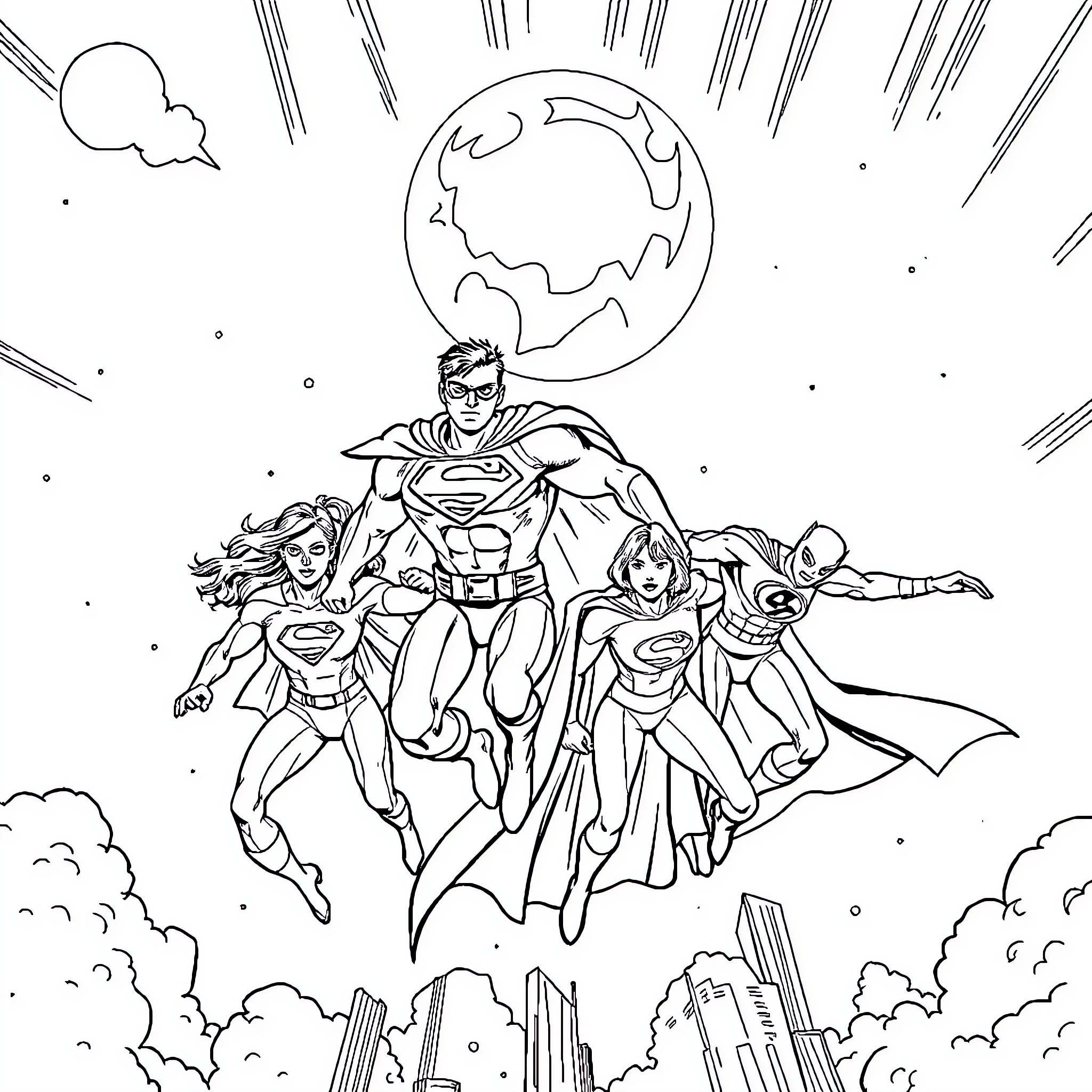 Superhero Team Flies Over the City Coloring Page (free black-and-white line drawing printable PDF for all, from beginners to advanced learners, including children, teens, adults, and seniors)