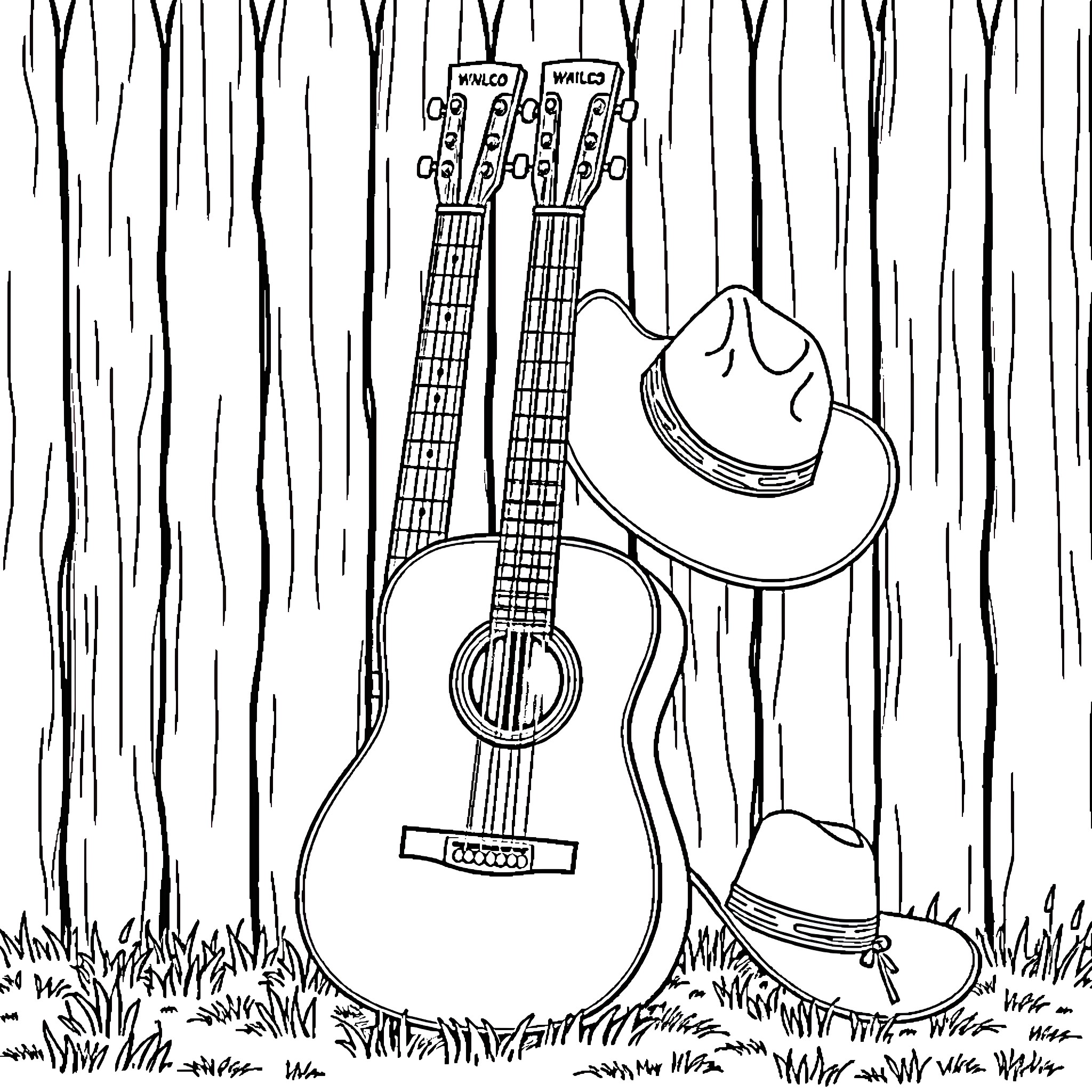 Guitar with Cowboy Hat on Grass Coloring Page (free black-and-white line drawing printable PDF for all, from beginners to advanced learners, including children, teens, adults, and seniors)