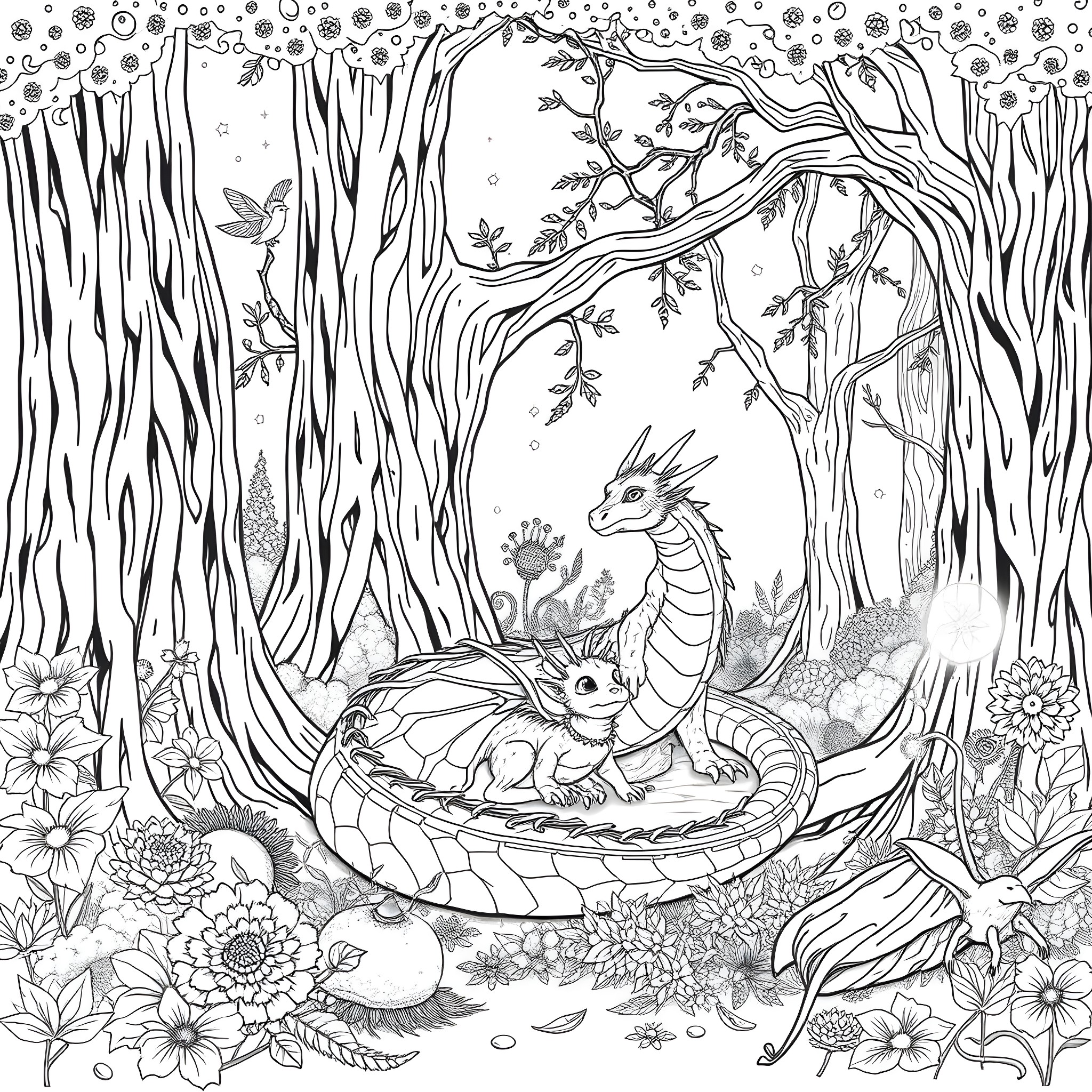 Dragon Relaxing in a Magical Forest Coloring Page (free black-and-white line drawing printable PDF for all, from beginners to advanced learners, including children, teens, adults, and seniors)