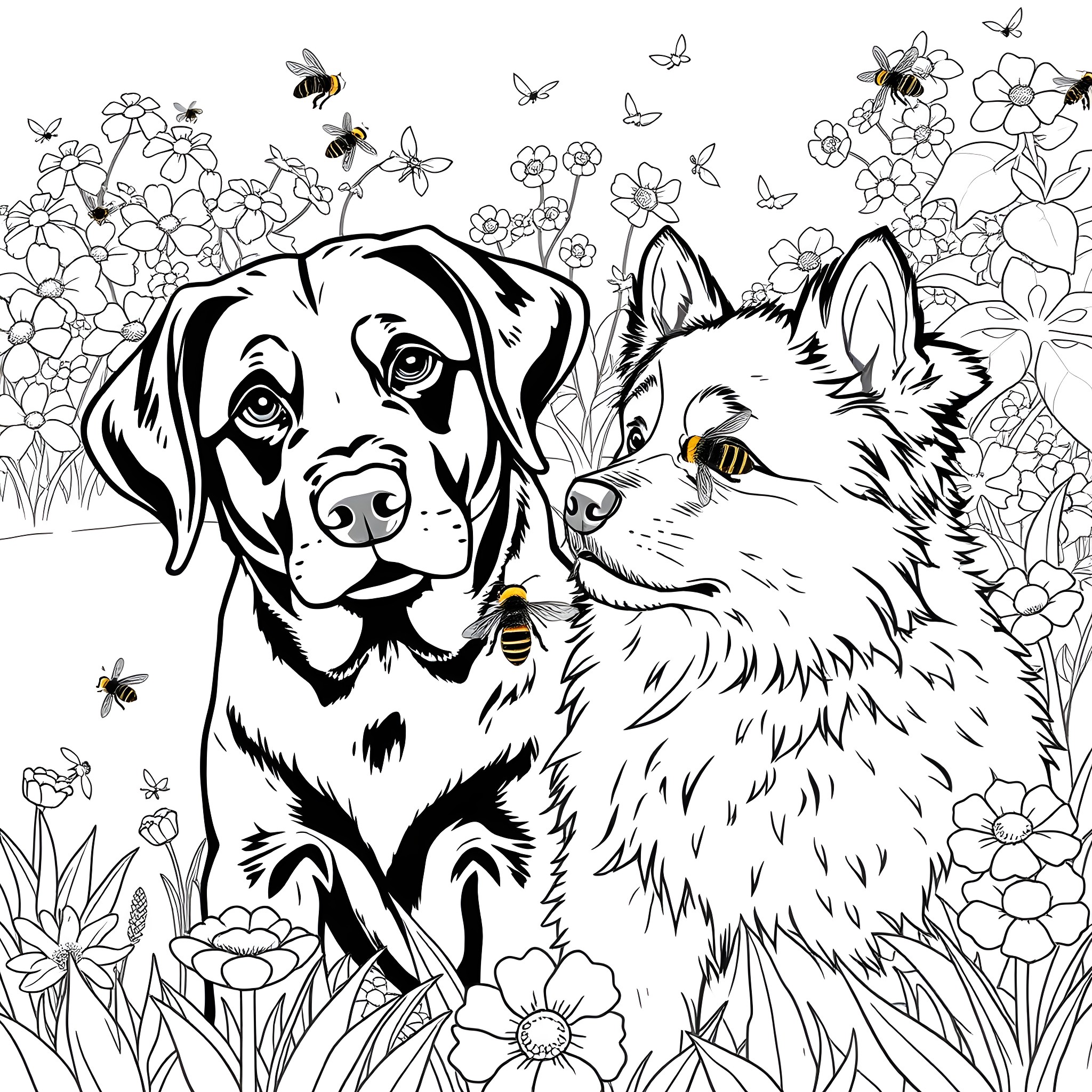 Dog and puppy enjoying nature's beauty Coloring Page (free black-and-white line drawing printable PDF for all, from beginners to advanced learners, including children, teens, adults, and seniors)
