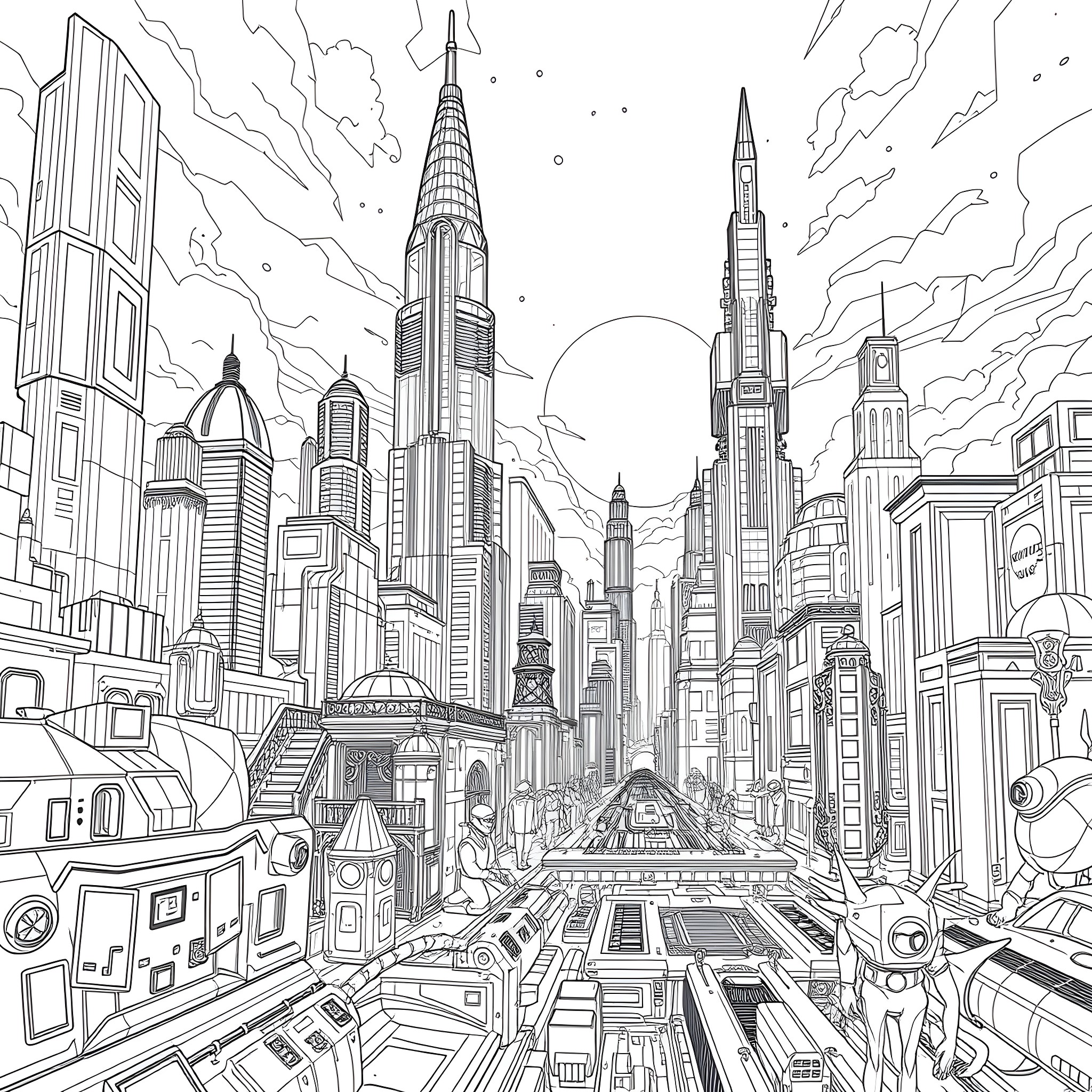 World of futuristic city with towering skyscrapers Coloring Page (free black-and-white line drawing printable PDF for all, from beginners to advanced learners, including children, teens, adults, and seniors)