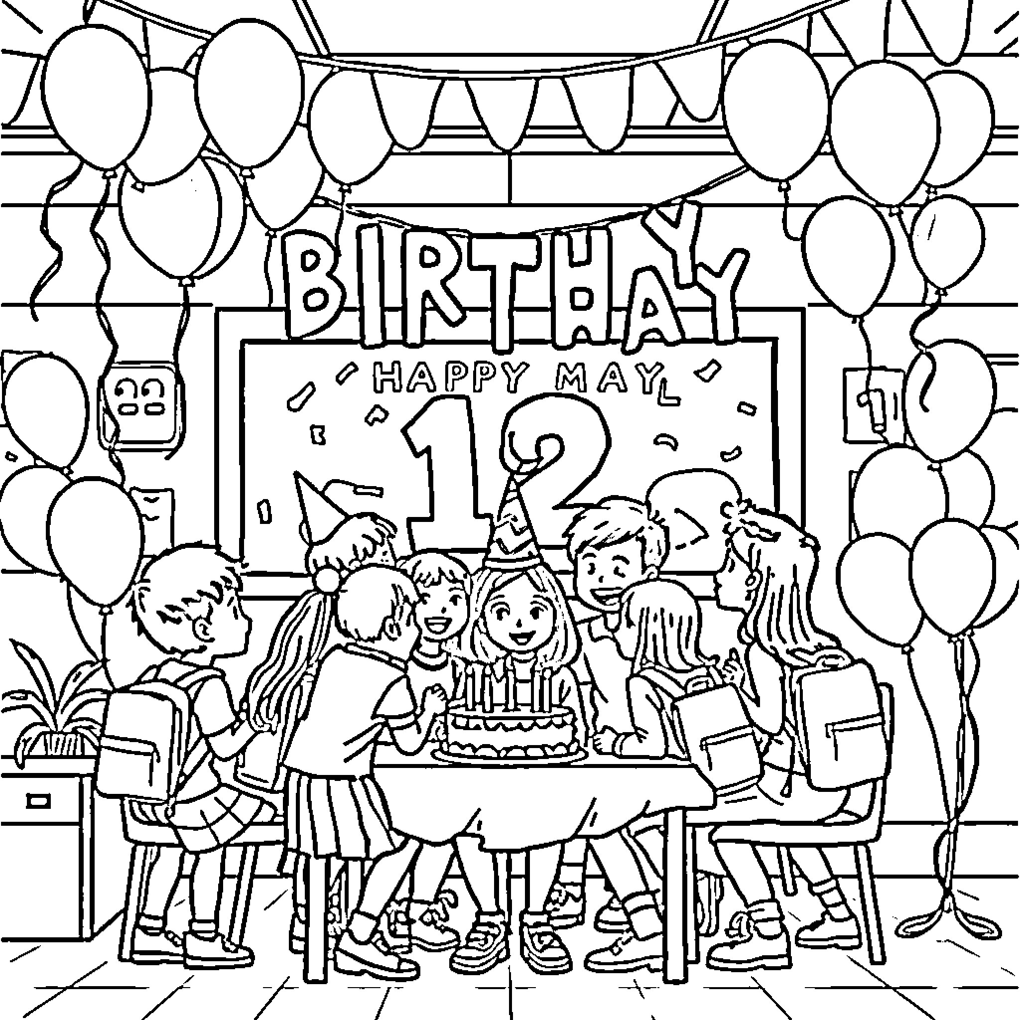 Birthday celebration with friends and decorations Coloring Page (free black-and-white line drawing printable PDF for all, from beginners to advanced learners, including children, teens, adults, and seniors)