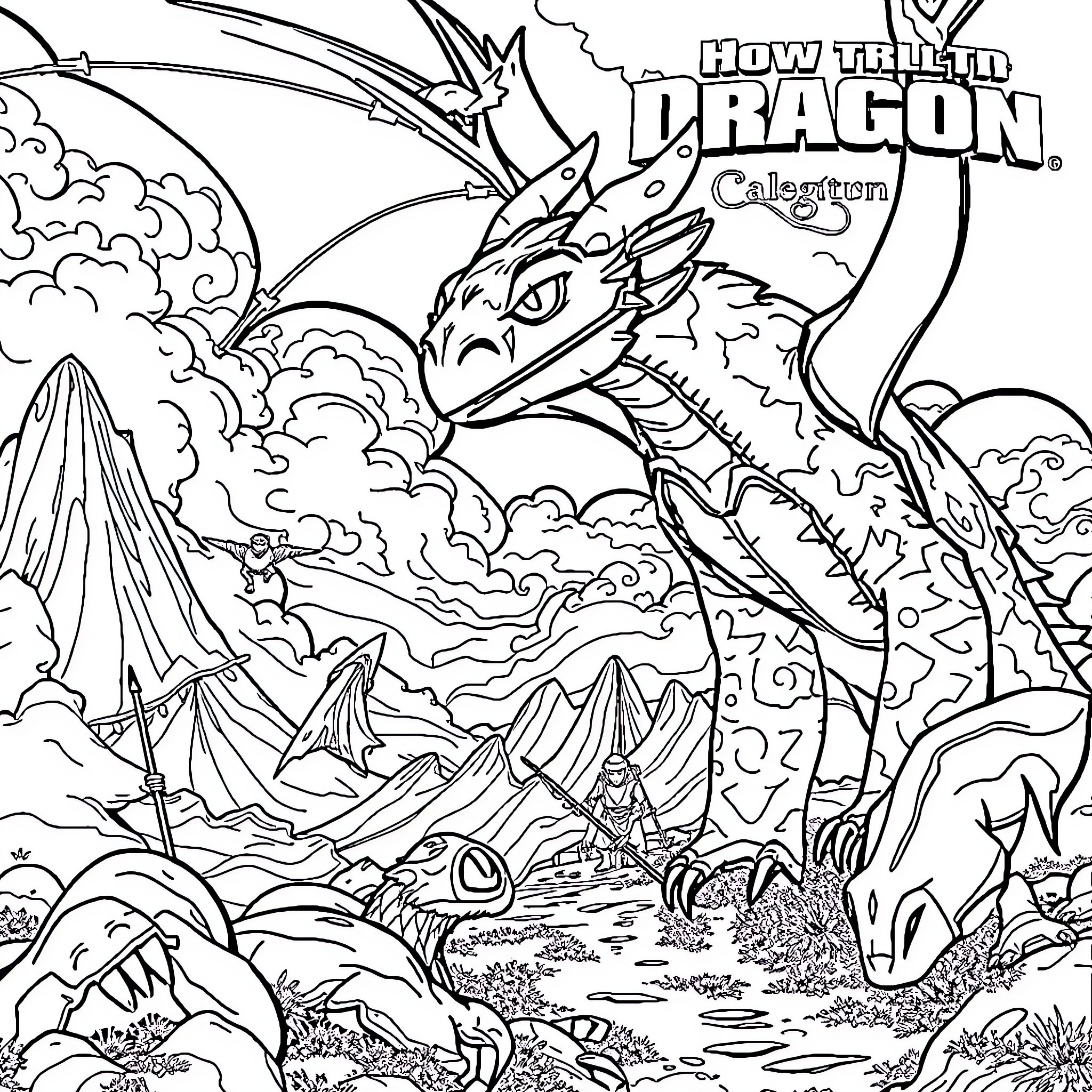 Httyd dragon soaring over a fantasy landscape Coloring Page (free black-and-white line drawing printable PDF for all, from beginners to advanced learners, including children, teens, adults, and seniors)