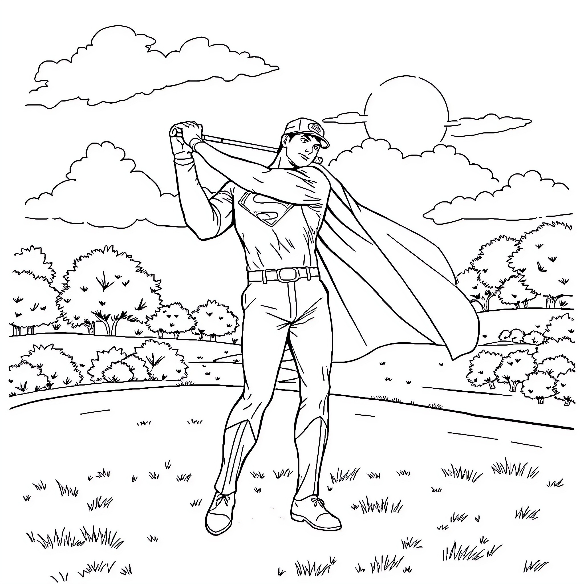 Superman heroically soaring through the sky Coloring Page (free black-and-white line drawing printable PDF for all, from beginners to advanced learners, including children, teens, adults, and seniors)