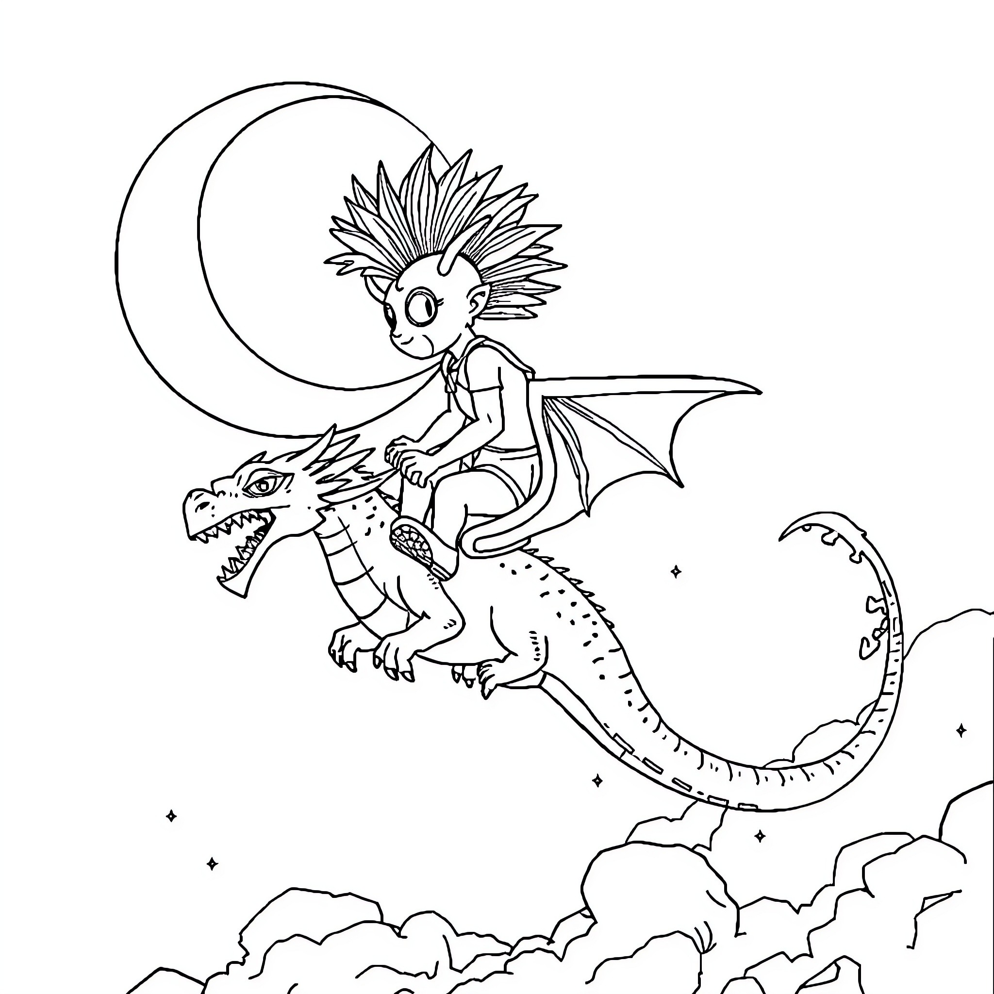 Cyclops child riding fantastical dragon in the night sky Coloring Page (free black-and-white line drawing printable PDF for all, from beginners to advanced learners, including children, teens, adults, and seniors)