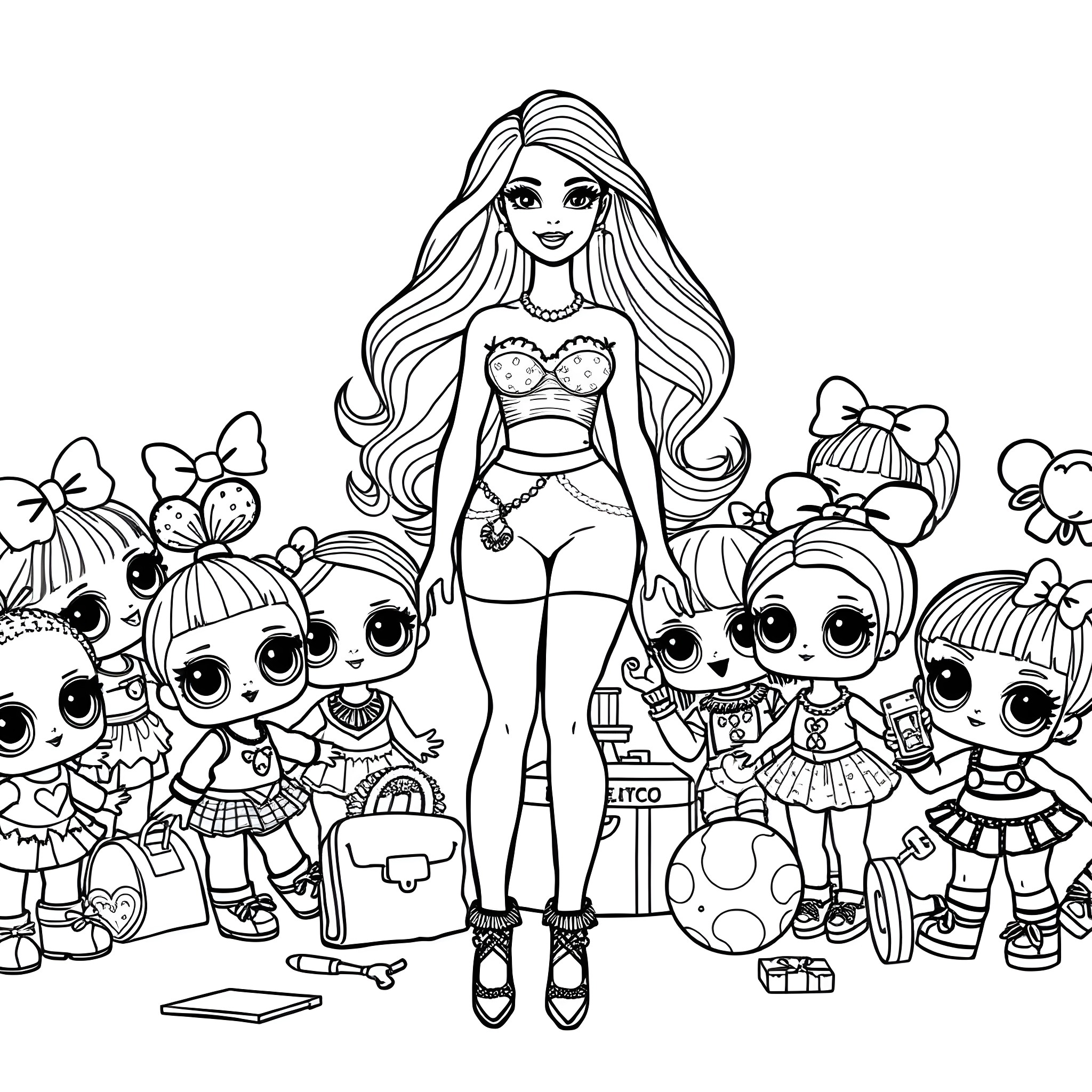 Barbie with Lol Surprise dolls in colorful outfits Coloring Page (free black-and-white line drawing printable PDF for all, from beginners to advanced learners, including children, teens, adults, and seniors)