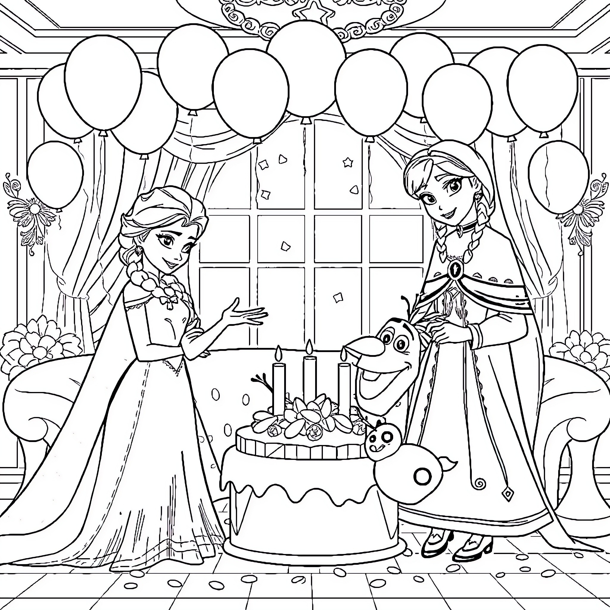 Frozen Characters Celebrating with Balloons and Cake Coloring Page (free black-and-white line drawing printable PDF for all, from beginners to advanced learners, including children, teens, adults, and seniors)