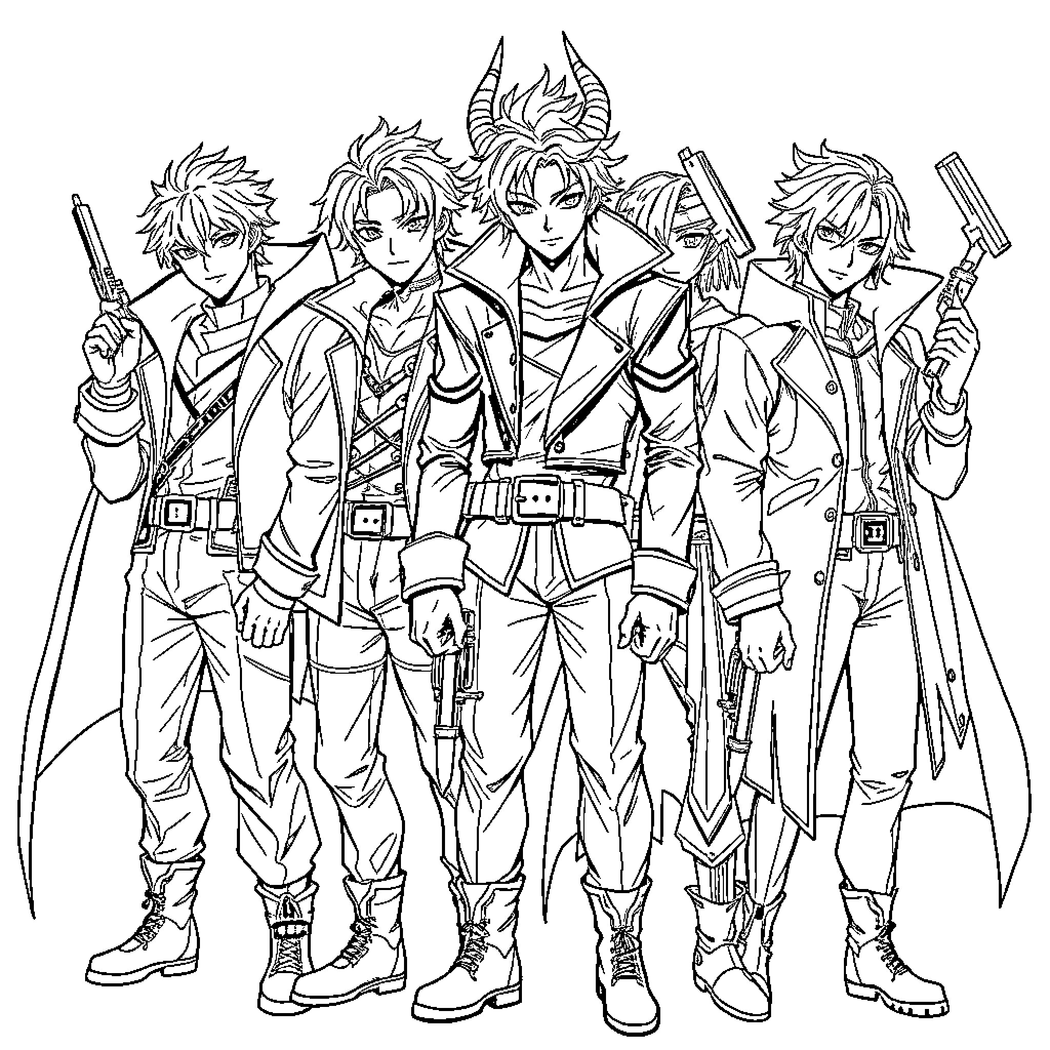 Demon Hunter Squad in Action Poses Coloring Page (free black-and-white line drawing printable PDF for all, from beginners to advanced learners, including children, teens, adults, and seniors)