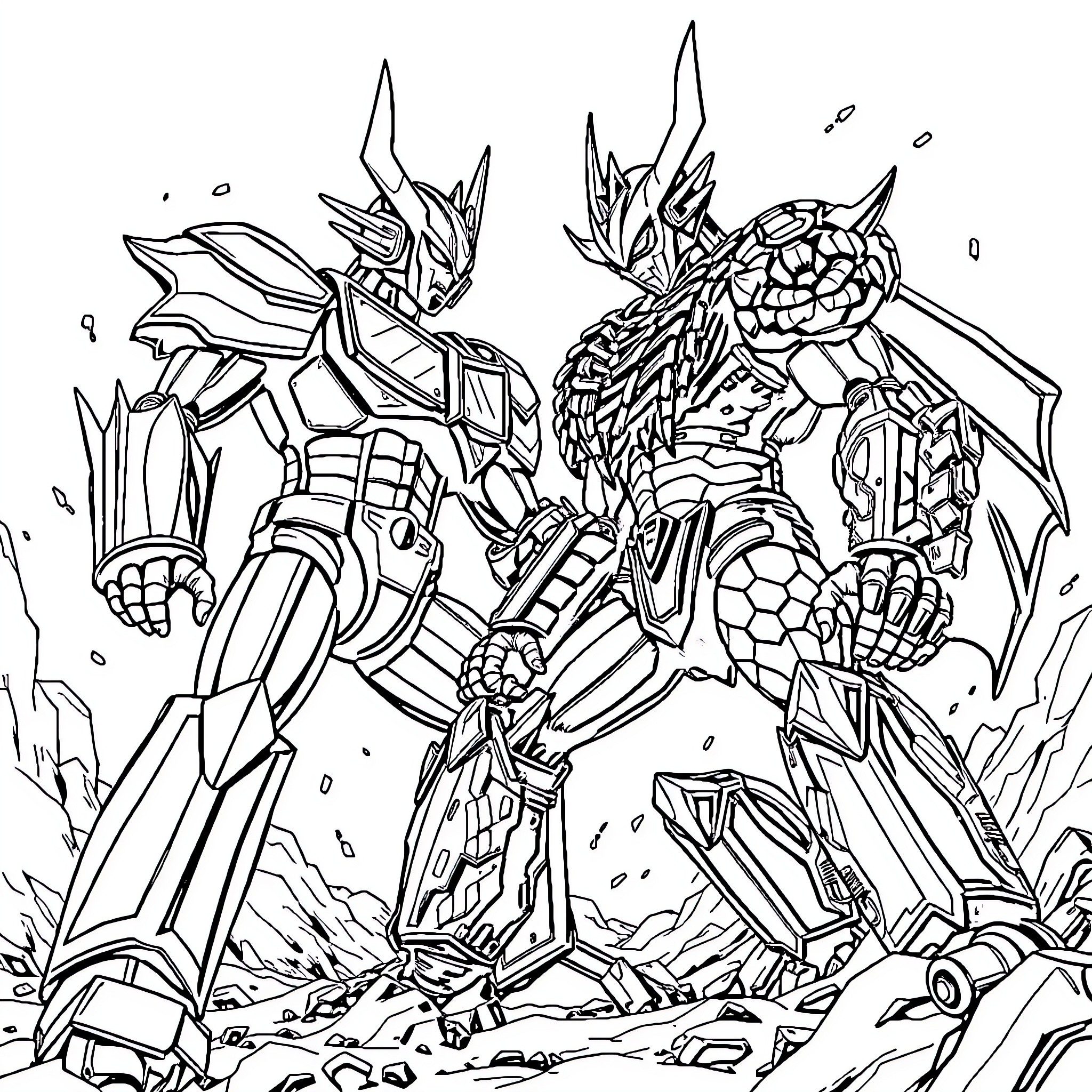 Ultraman battling a powerful alien monster Coloring Page (free black-and-white line drawing printable PDF for all, from beginners to advanced learners, including children, teens, adults, and seniors)