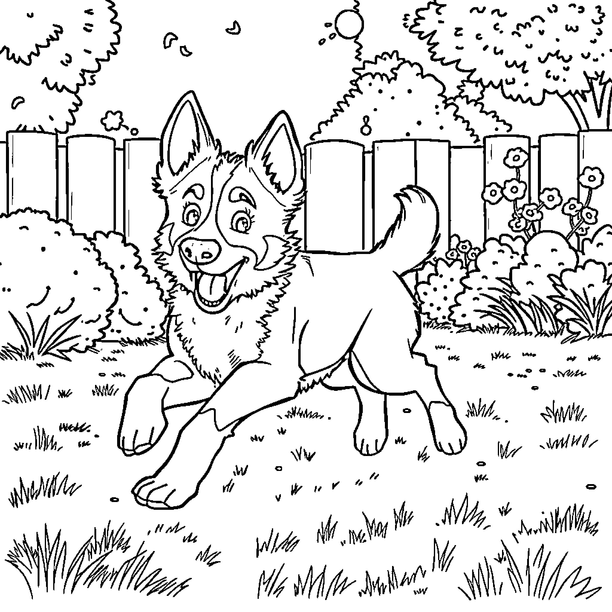 Bluey playing happily in the backyard Coloring Page (free black-and-white line drawing printable PDF for all, from beginners to advanced learners, including children, teens, adults, and seniors)