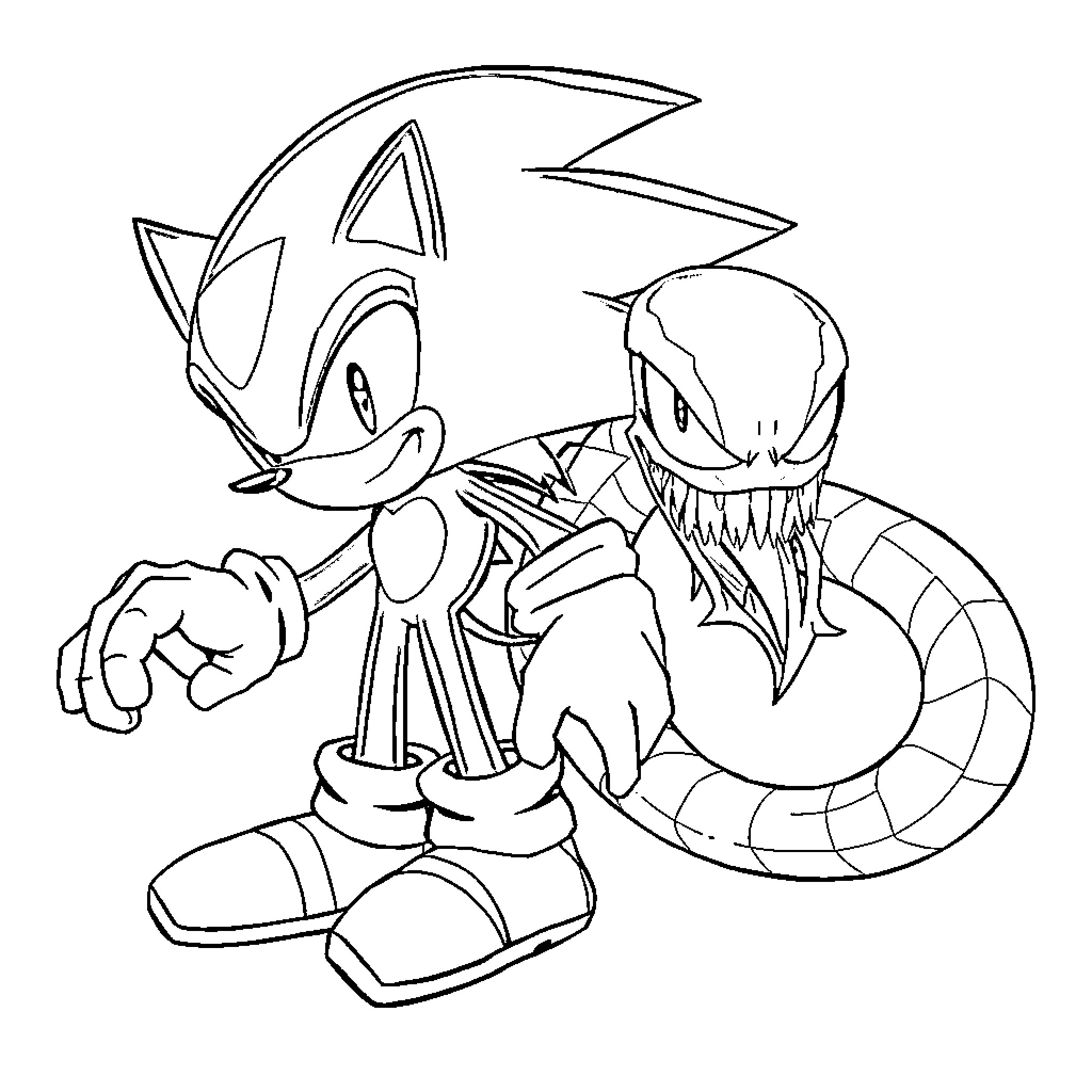 Shadow Hedgehog and Monster Battle Coloring Page (free black-and-white line drawing printable PDF for all, from beginners to advanced learners, including children, teens, adults, and seniors)