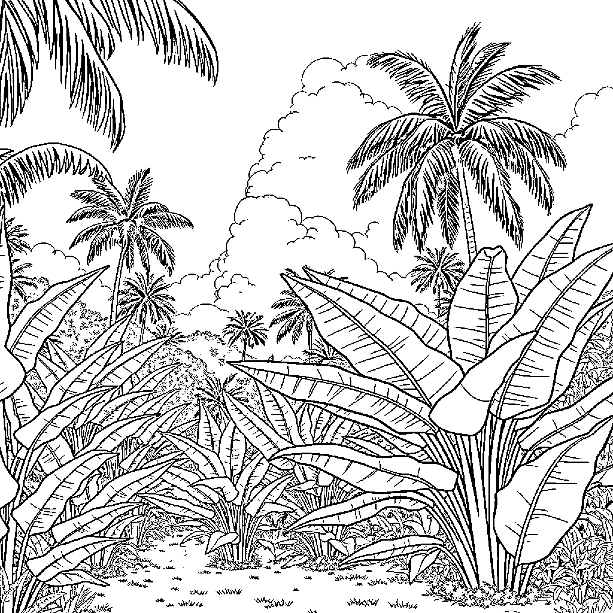 Plant life flourishing in tropical landscape Coloring Page (free black-and-white line drawing printable PDF for all, from beginners to advanced learners, including children, teens, adults, and seniors)