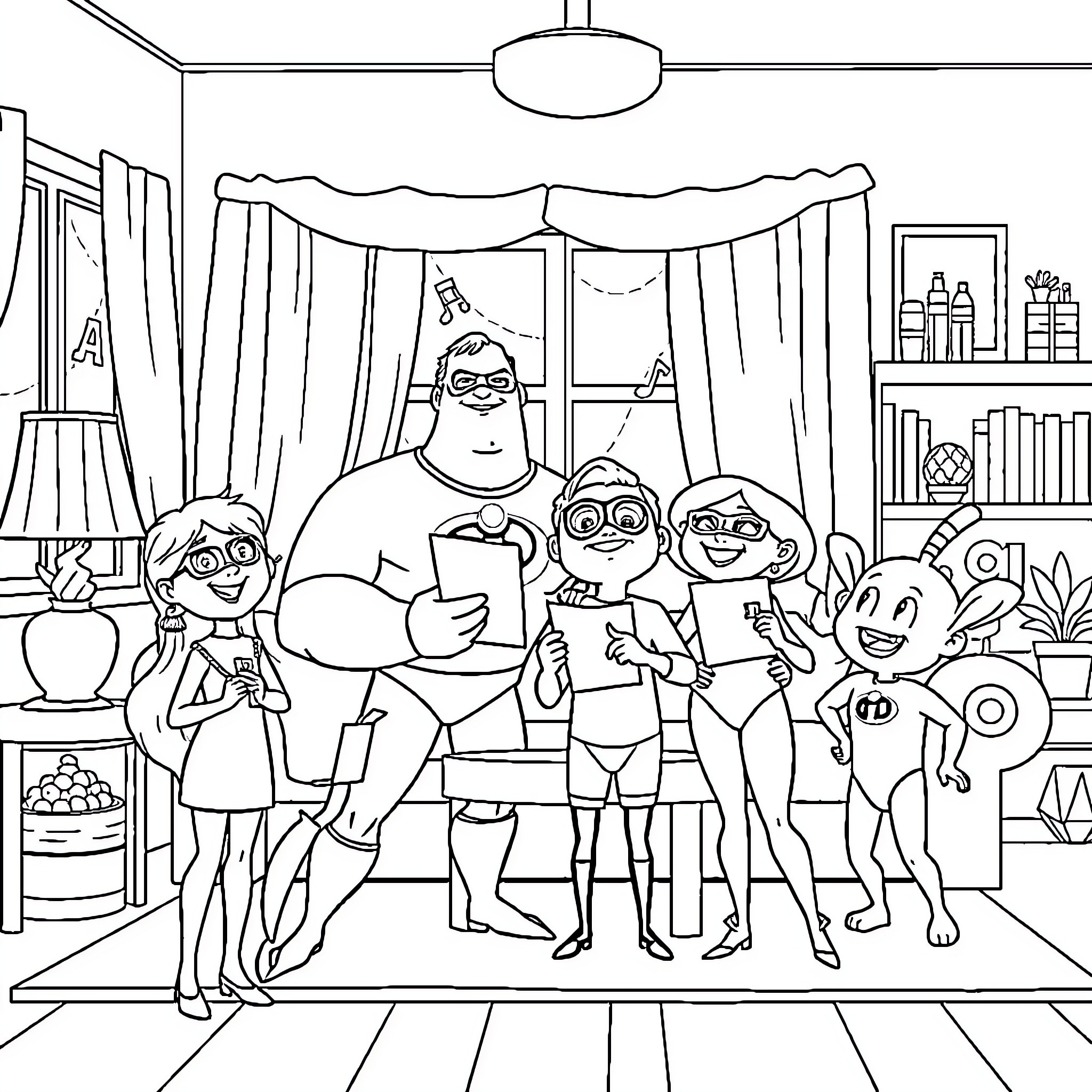 Incredible Family Gathering with Lively Characters Coloring Page (free black-and-white line drawing printable PDF for all, from beginners to advanced learners, including children, teens, adults, and seniors)