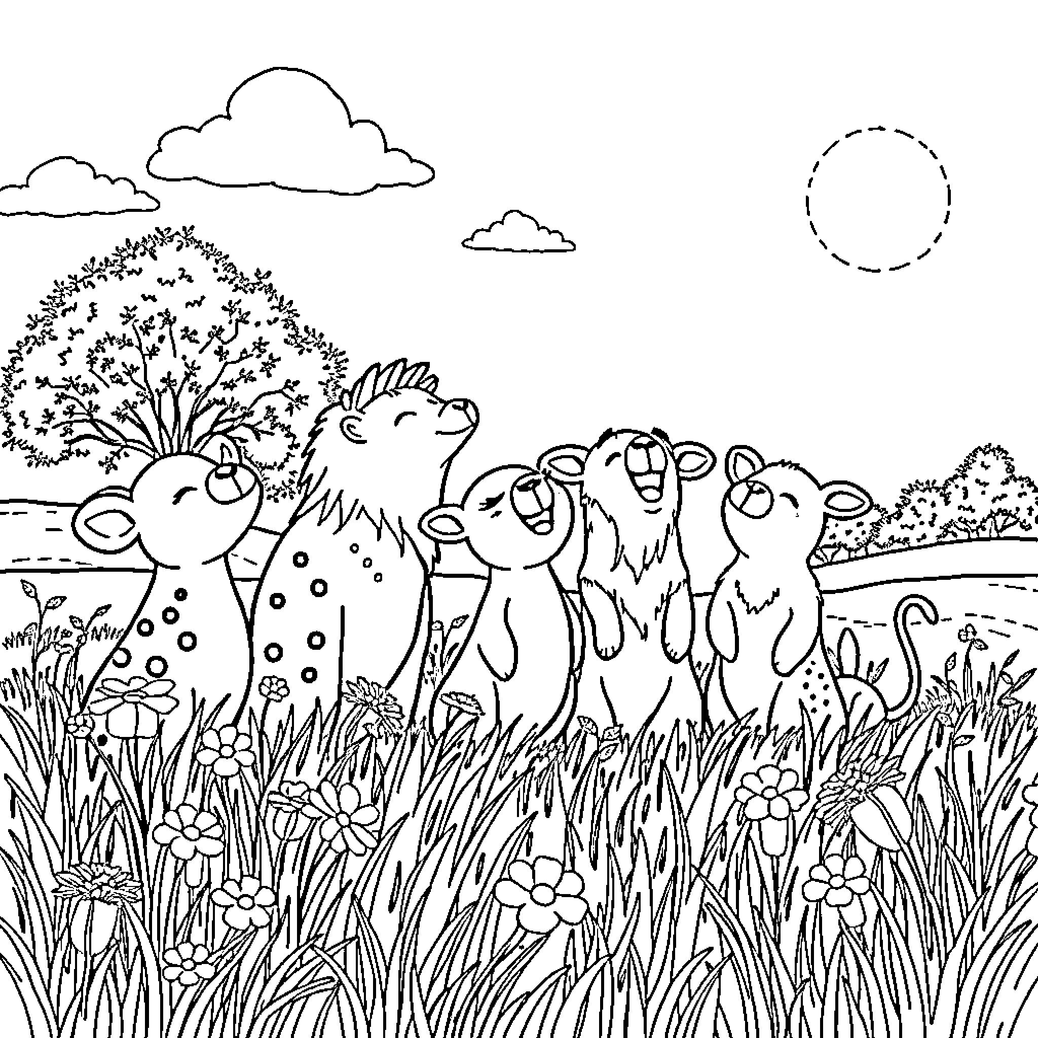 Animals exploring nature in the countryside Coloring Page (free black-and-white line drawing printable PDF for all, from beginners to advanced learners, including children, teens, adults, and seniors)