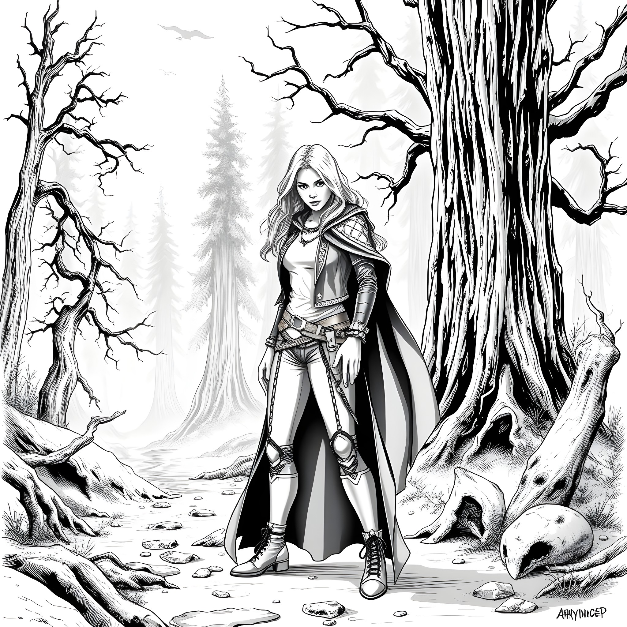 Wynonna Earp: Heroine in a Mysterious Forest Coloring Page (free black-and-white line drawing printable PDF for all, from beginners to advanced learners, including children, teens, adults, and seniors)
