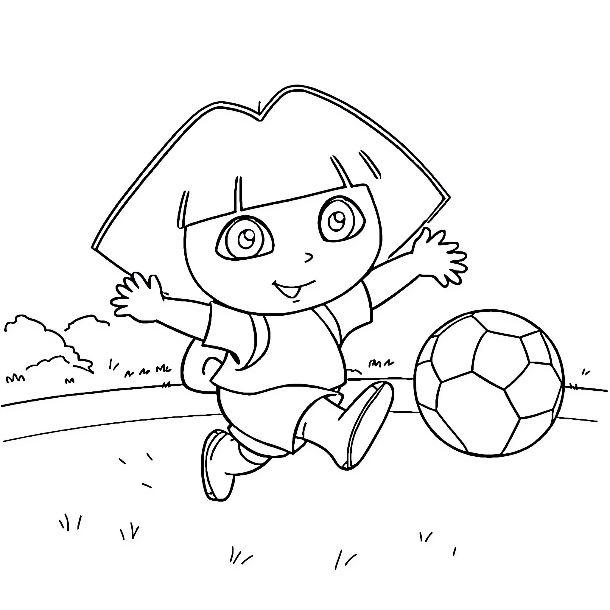 Dora playing with a soccer ball happily Coloring Page (free black-and-white line drawing printable PDF for all, from beginners to advanced learners, including children, teens, adults, and seniors)