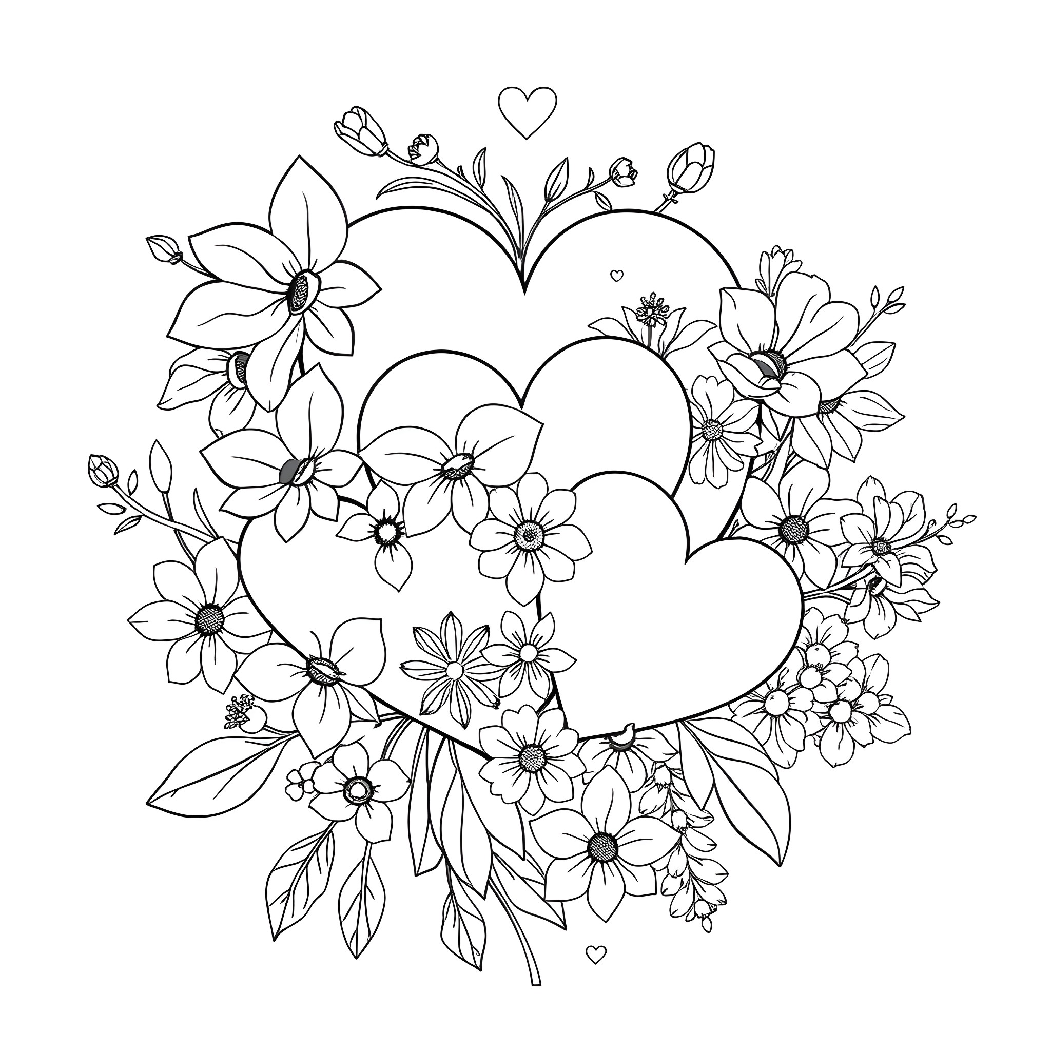 Flower hearts and blooming floral bouquet Coloring Page (free black-and-white line drawing printable PDF for all, from beginners to advanced learners, including children, teens, adults, and seniors)